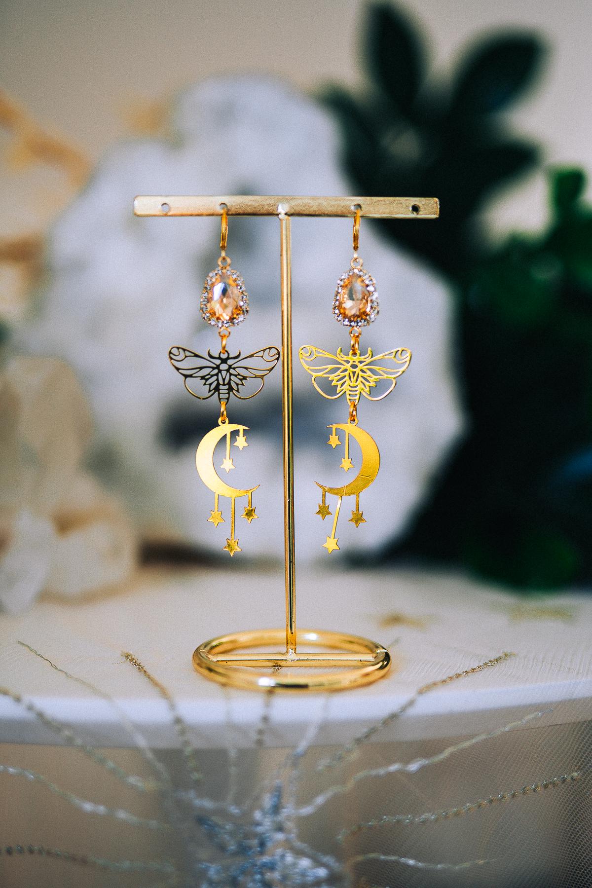 Moon Star Earrings Gold Moth Earrings Celestial Crystal Drop Earrings Statement Jewelry