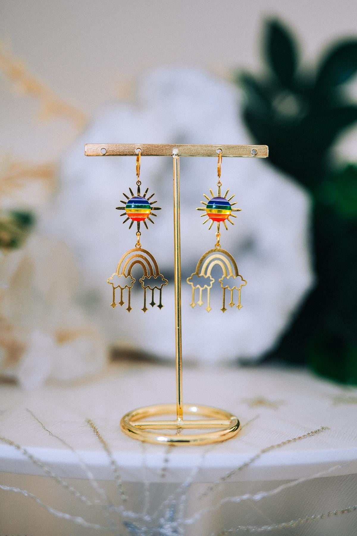 Rainbow Sun Earrings Colorful Festival Earrings Gold Rainbow Earrings Statement Jewelry