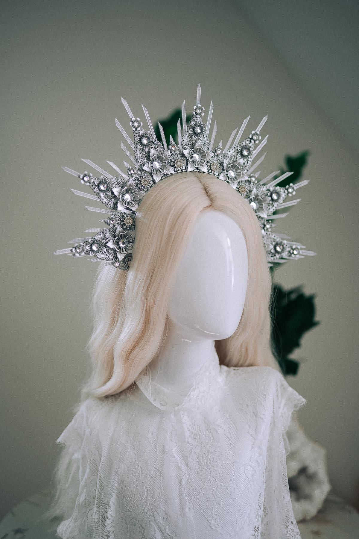 Celestial Silver Halo Crown Bridal Queen Tiara Wedding Headpiece