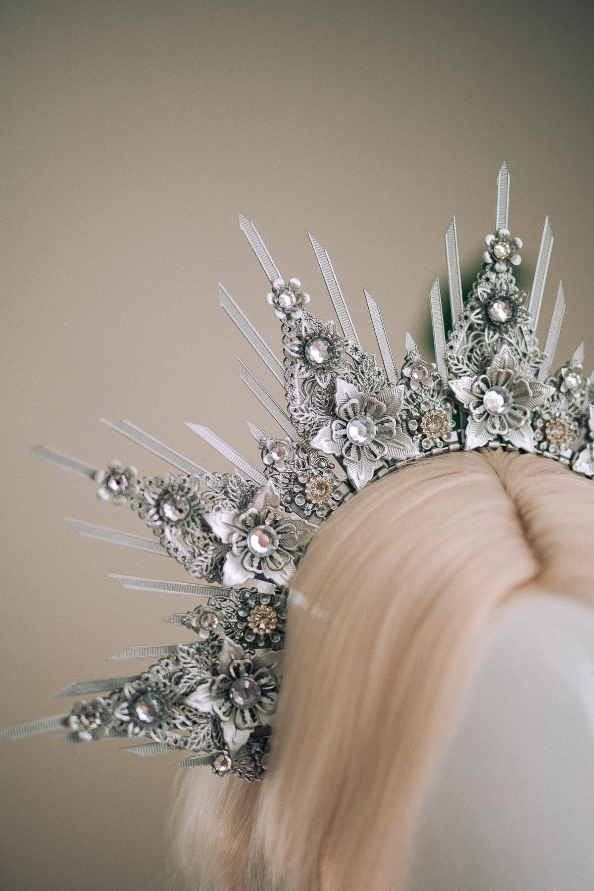 Celestial Silver Halo Crown Bridal Queen Tiara Wedding Headpiece