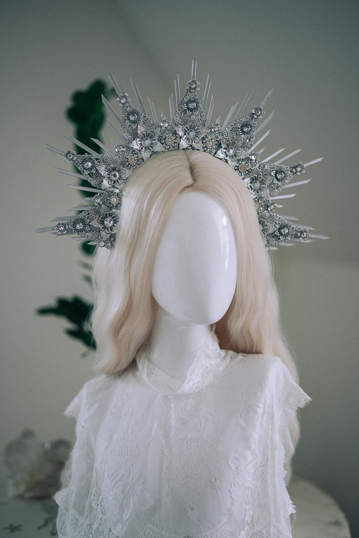 Celestial Silver Halo Crown Bridal Queen Tiara Wedding Headpiece