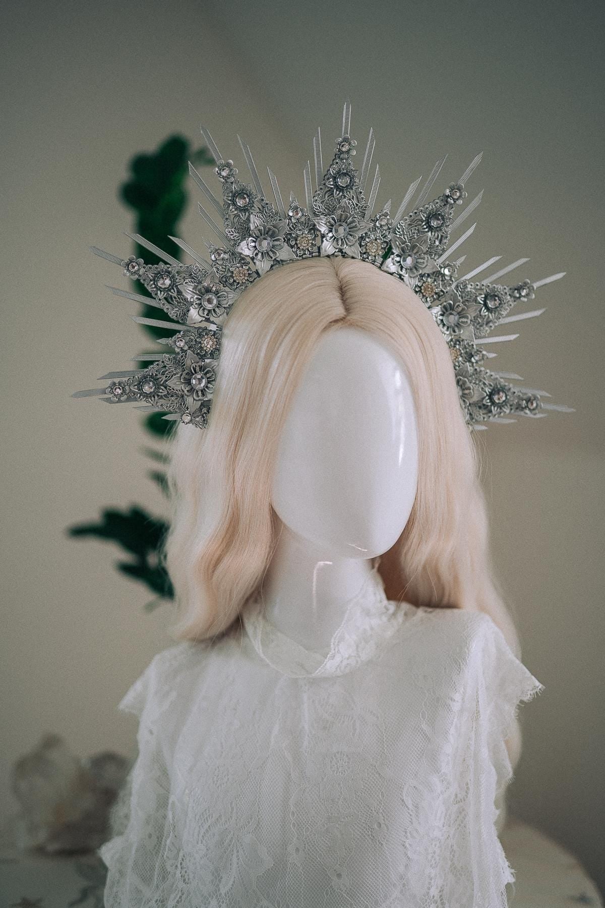 Celestial Silver Halo Crown Bridal Queen Tiara Wedding Headpiece