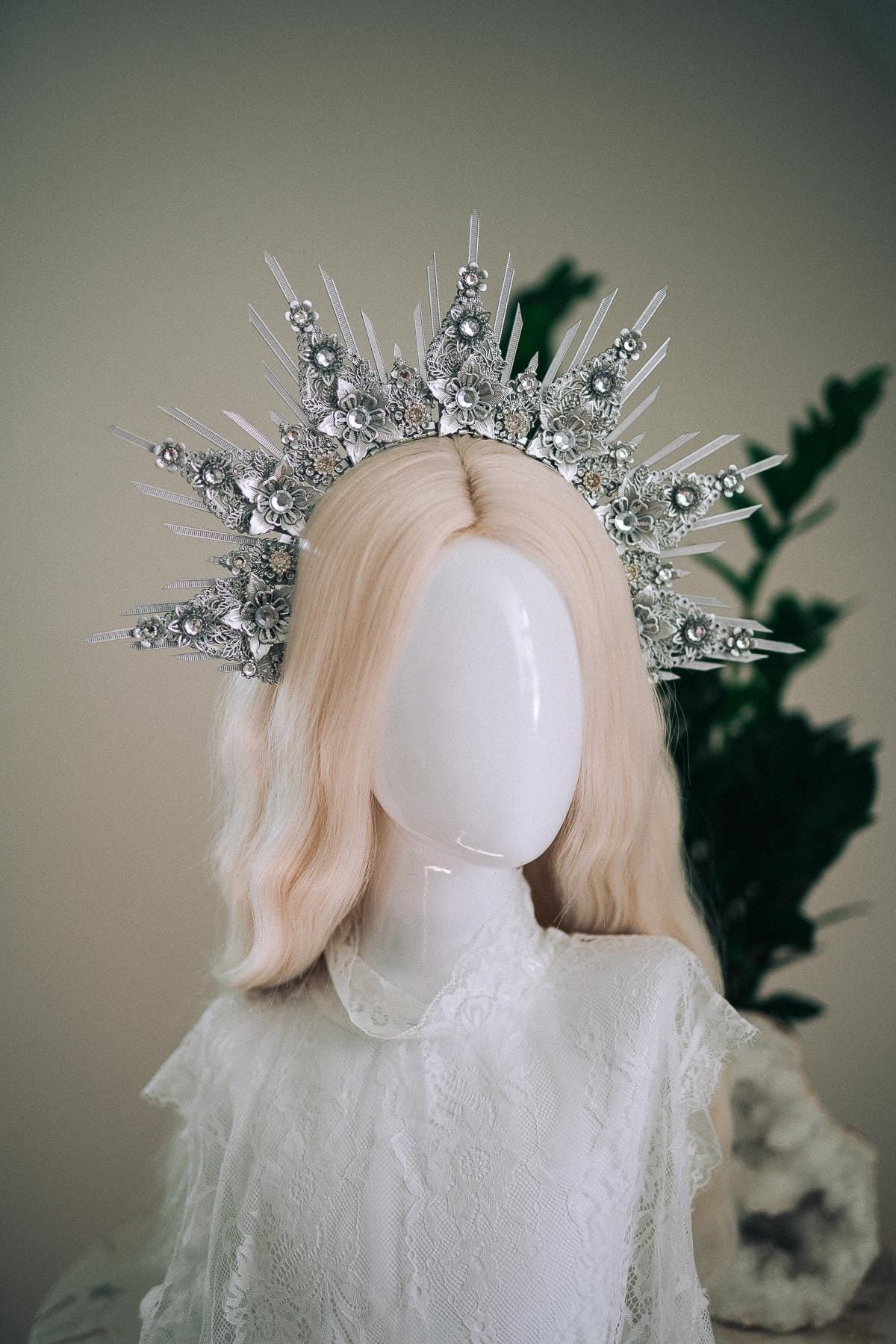 Celestial Silver Halo Crown Bridal Queen Tiara Wedding Headpiece