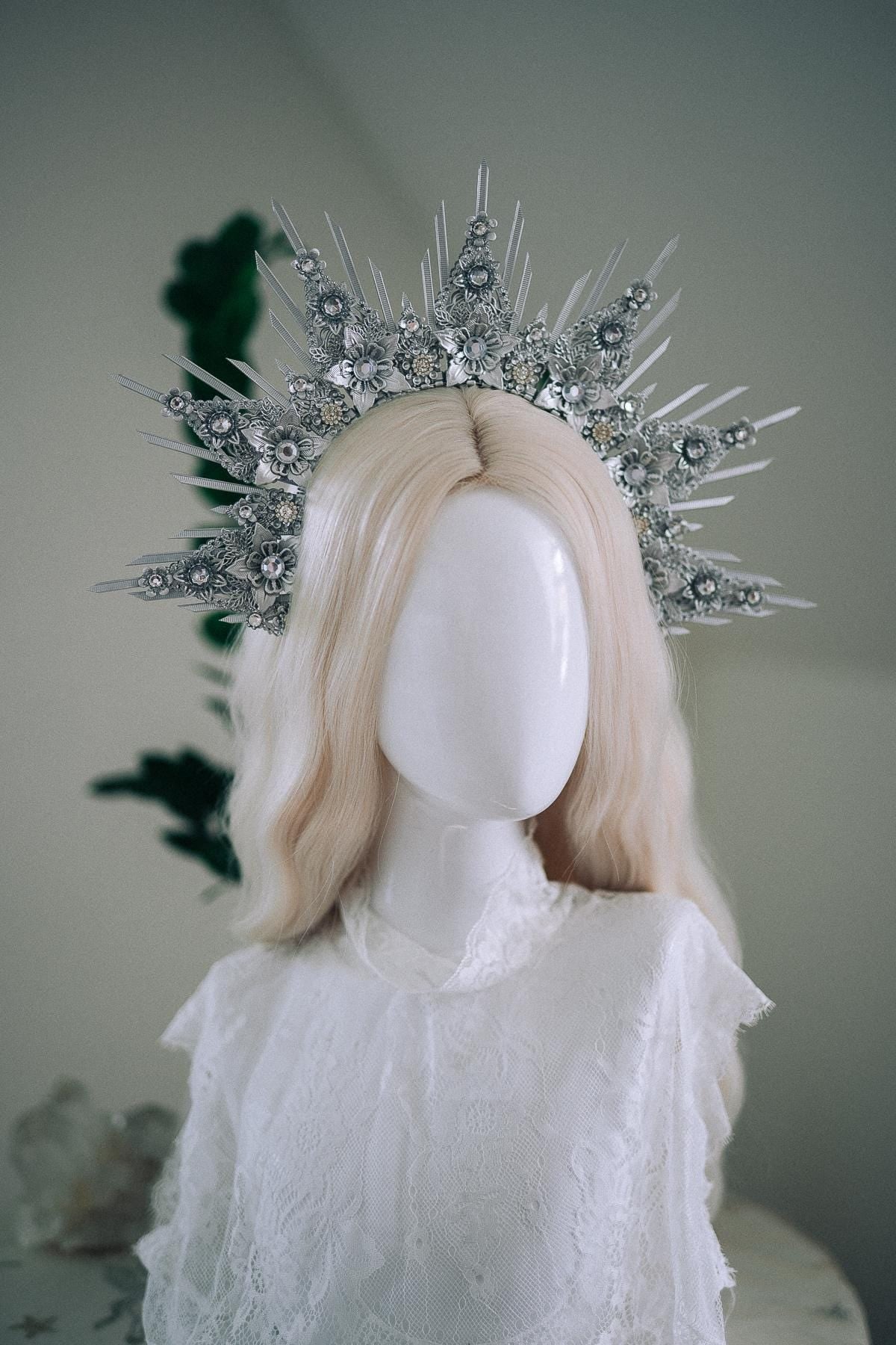 Celestial Silver Halo Crown Bridal Queen Tiara Wedding Headpiece