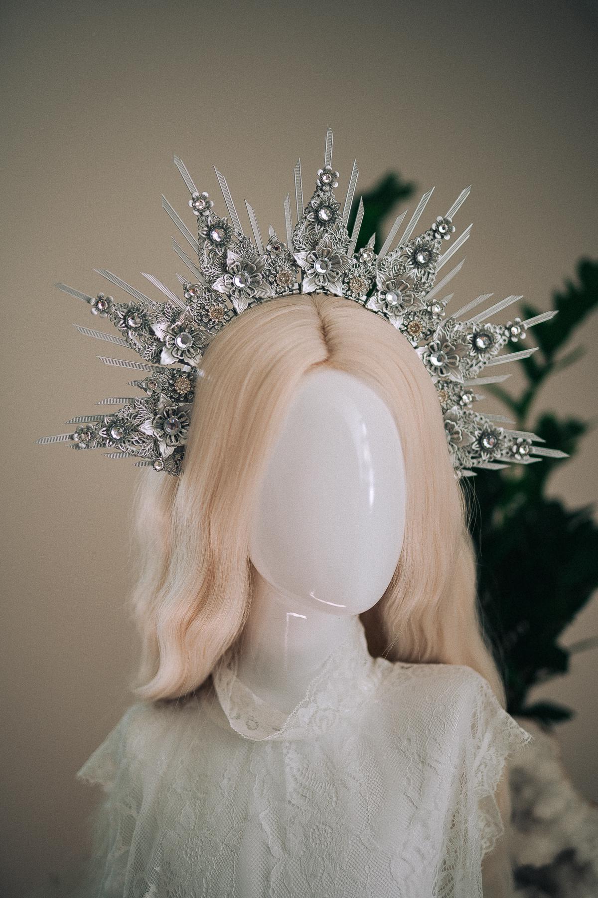 Celestial Silver Halo Crown Bridal Queen Tiara Wedding Headpiece