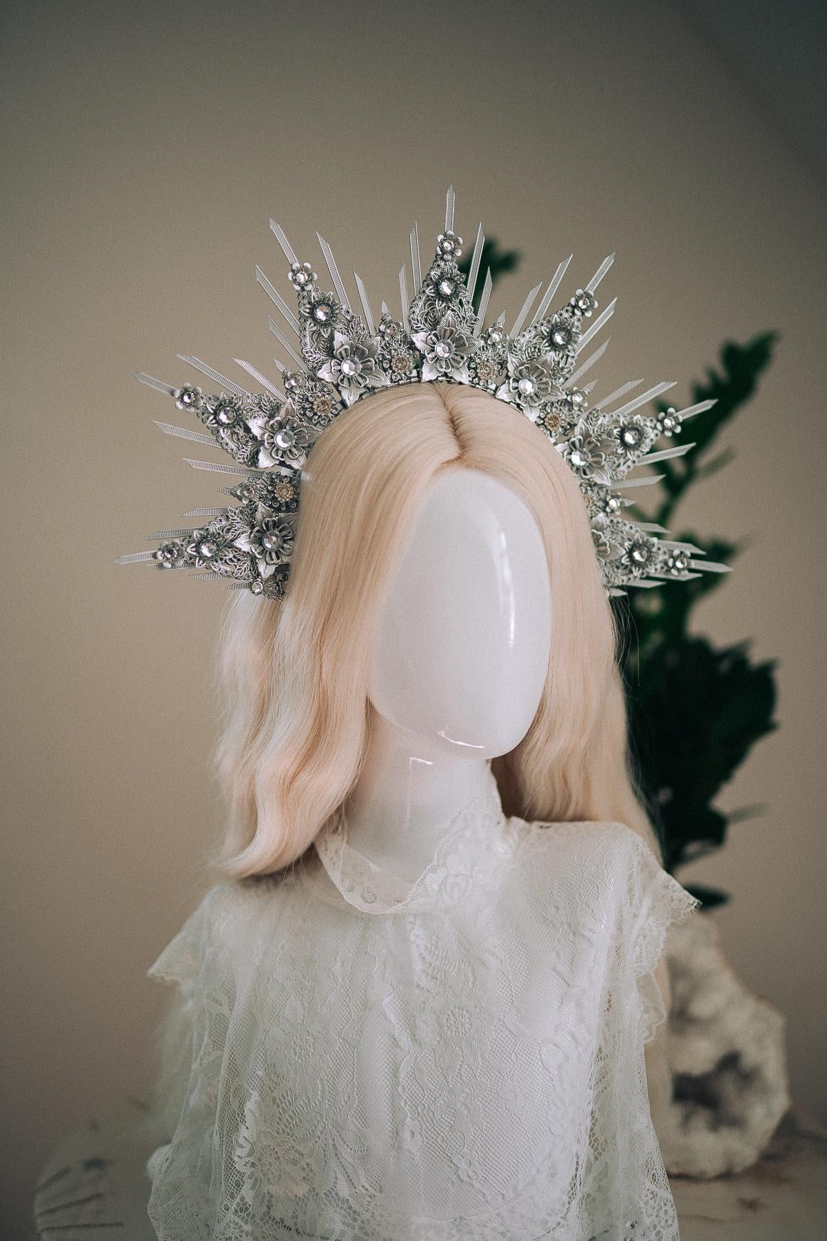 Celestial Silver Halo Crown Bridal Queen Tiara Wedding Headpiece