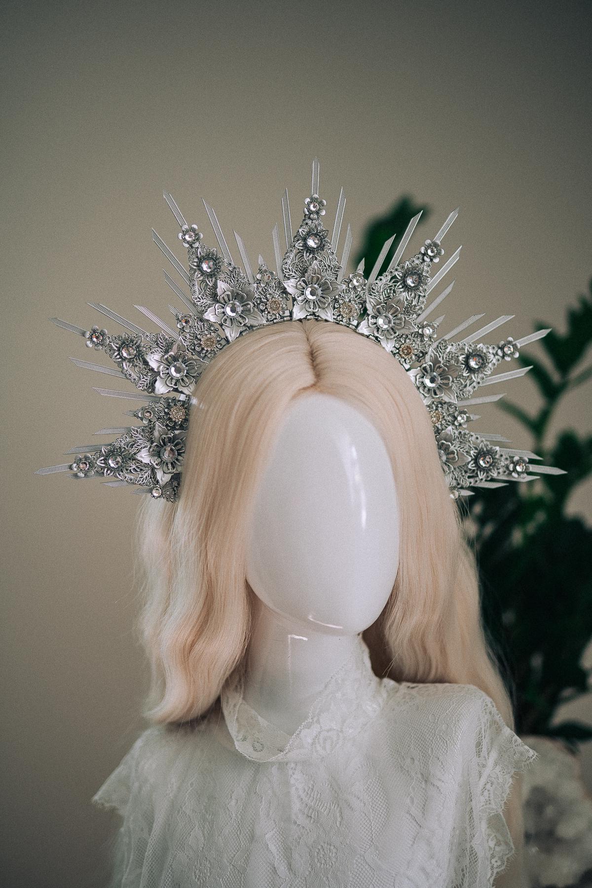 Celestial Silver Halo Crown Bridal Queen Tiara Wedding Headpiece