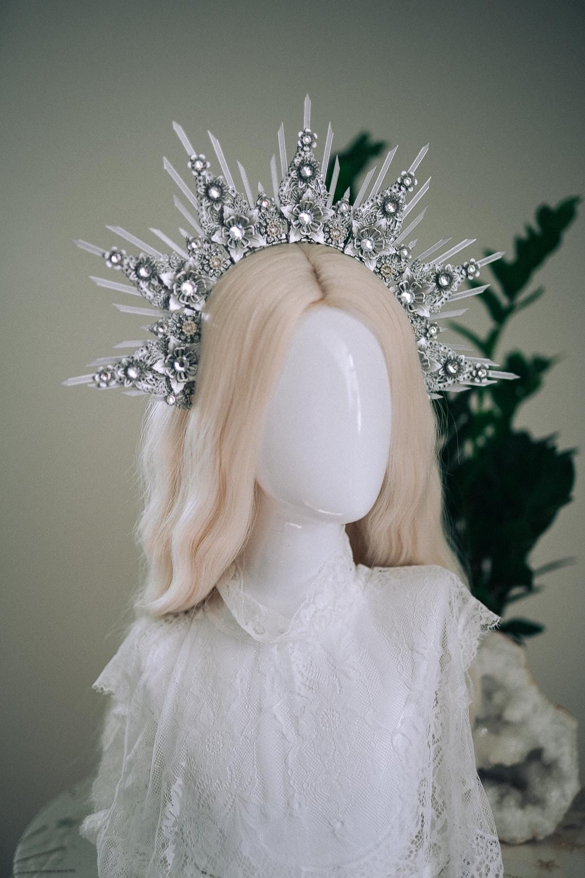 Celestial Silver Halo Crown Bridal Queen Tiara Wedding Headpiece