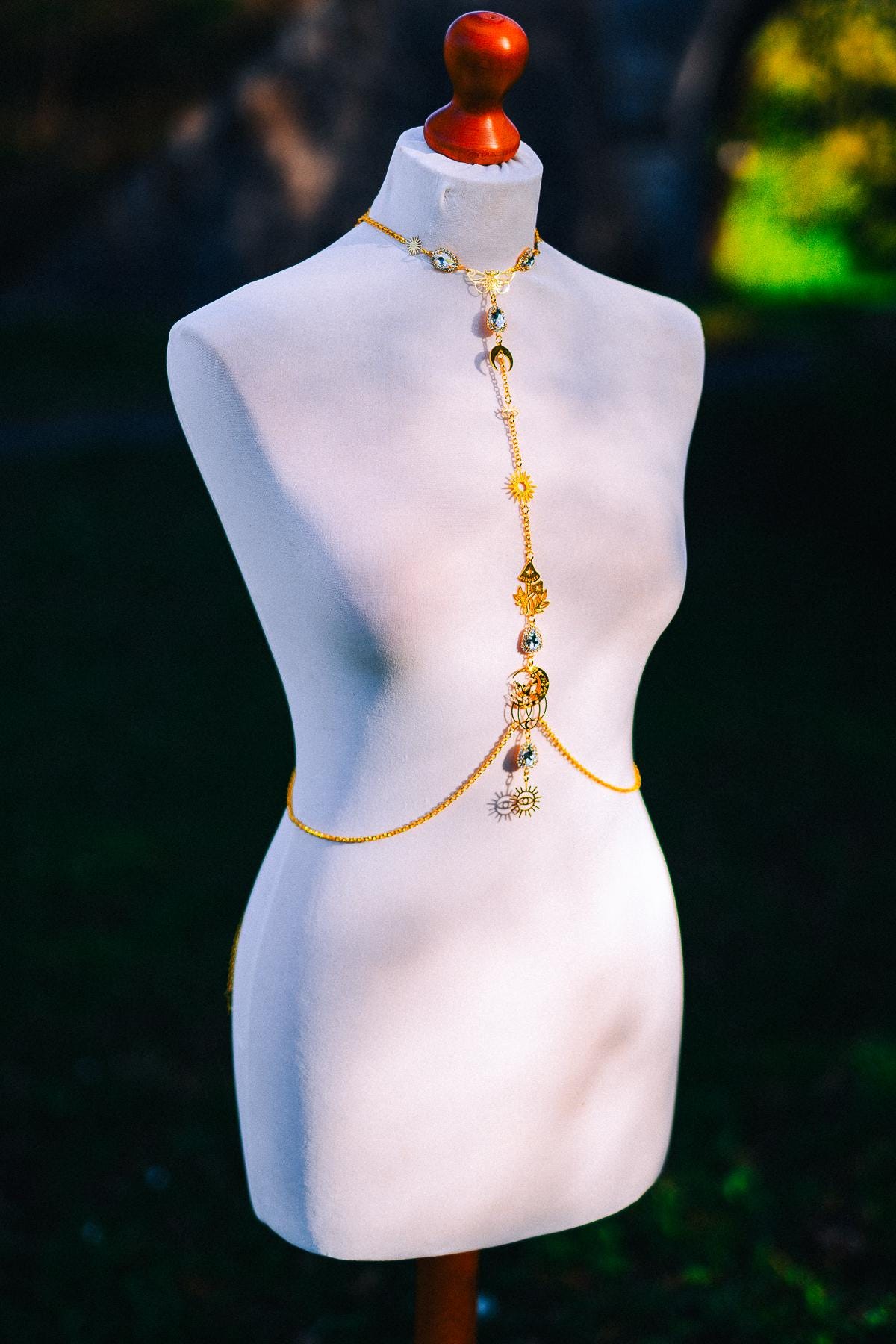Celestial Goddess Body Chain Harness Gold Festival Jewelry Sun Moon Crystal Harness