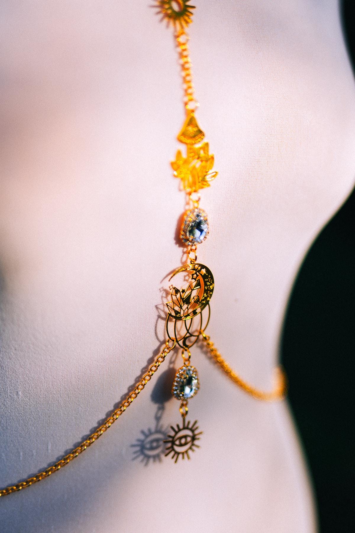 Celestial Goddess Body Chain Harness Gold Festival Jewelry Sun Moon Crystal Harness
