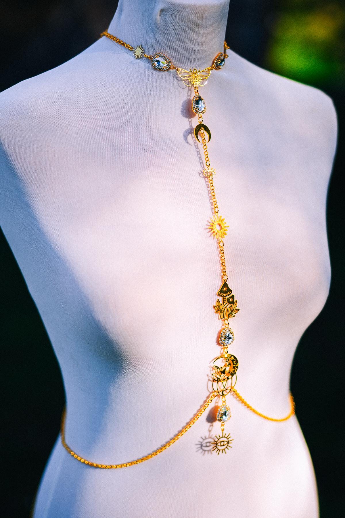 Celestial Goddess Body Chain Harness Gold Festival Jewelry Sun Moon Crystal Harness