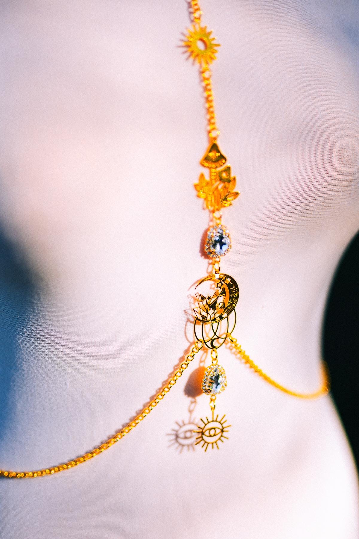 Celestial Goddess Body Chain Harness Gold Festival Jewelry Sun Moon Crystal Harness