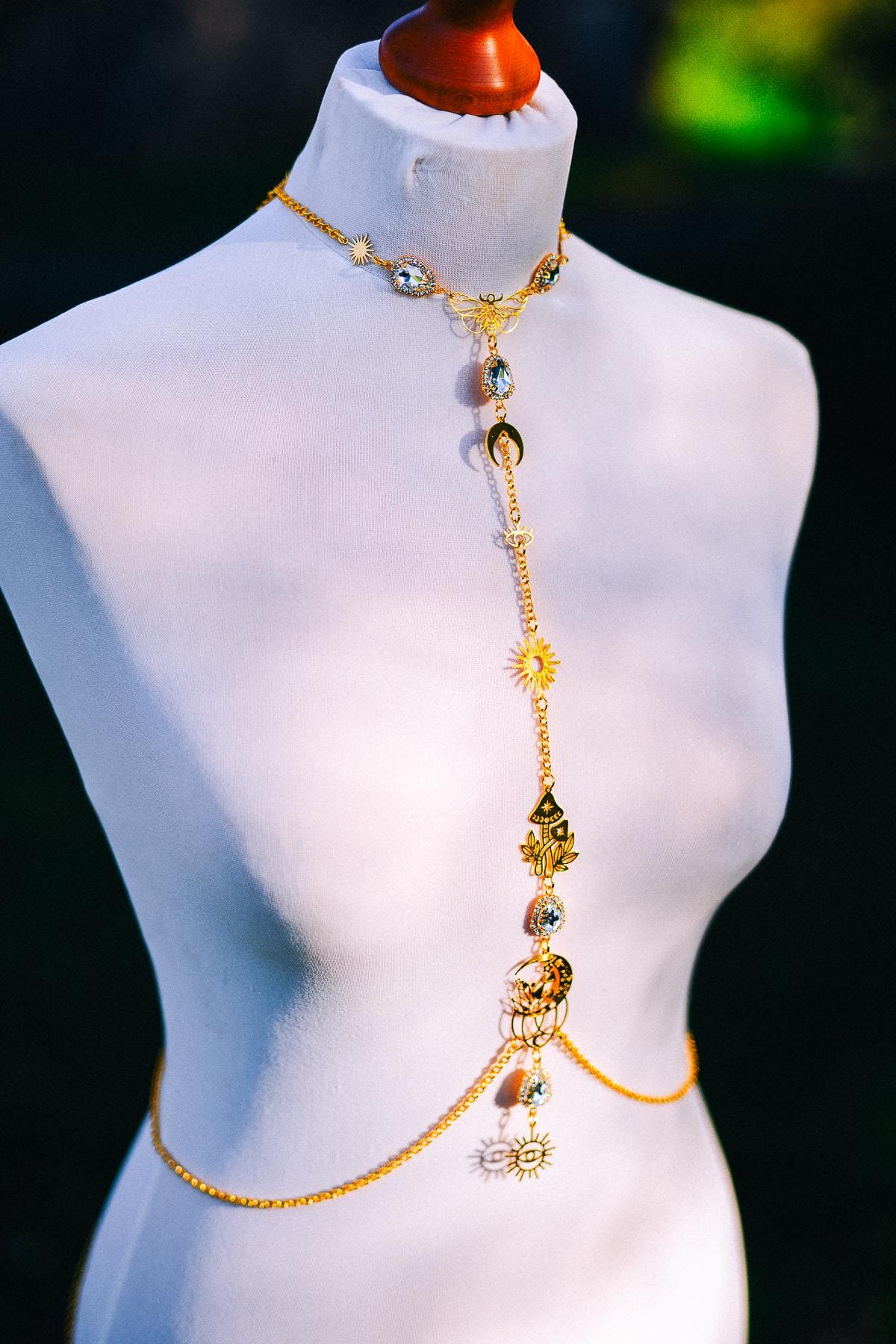 Celestial Goddess Body Chain Harness Gold Festival Jewelry Sun Moon Crystal Harness