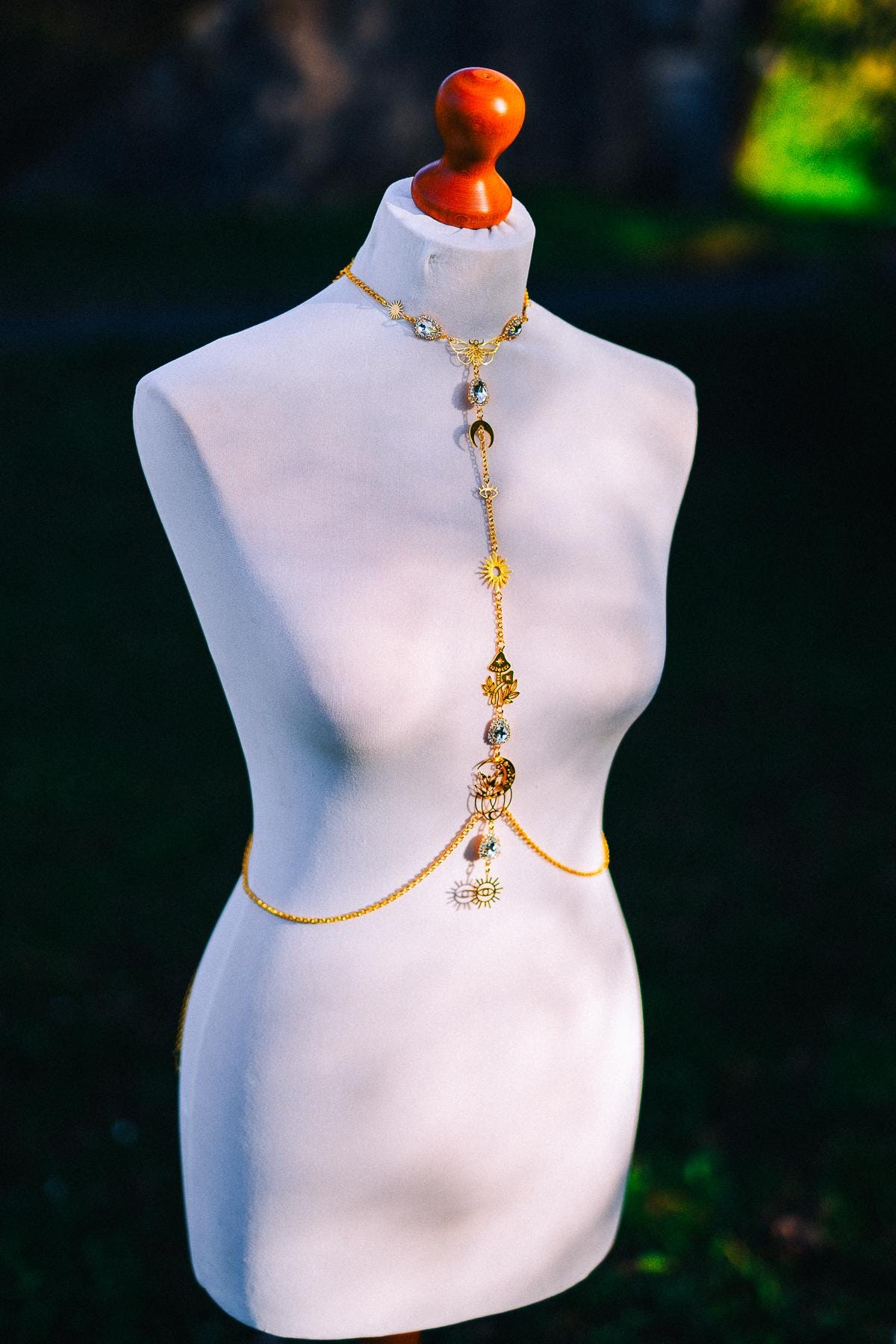 Celestial Goddess Body Chain Harness Gold Festival Jewelry Sun Moon Crystal Harness