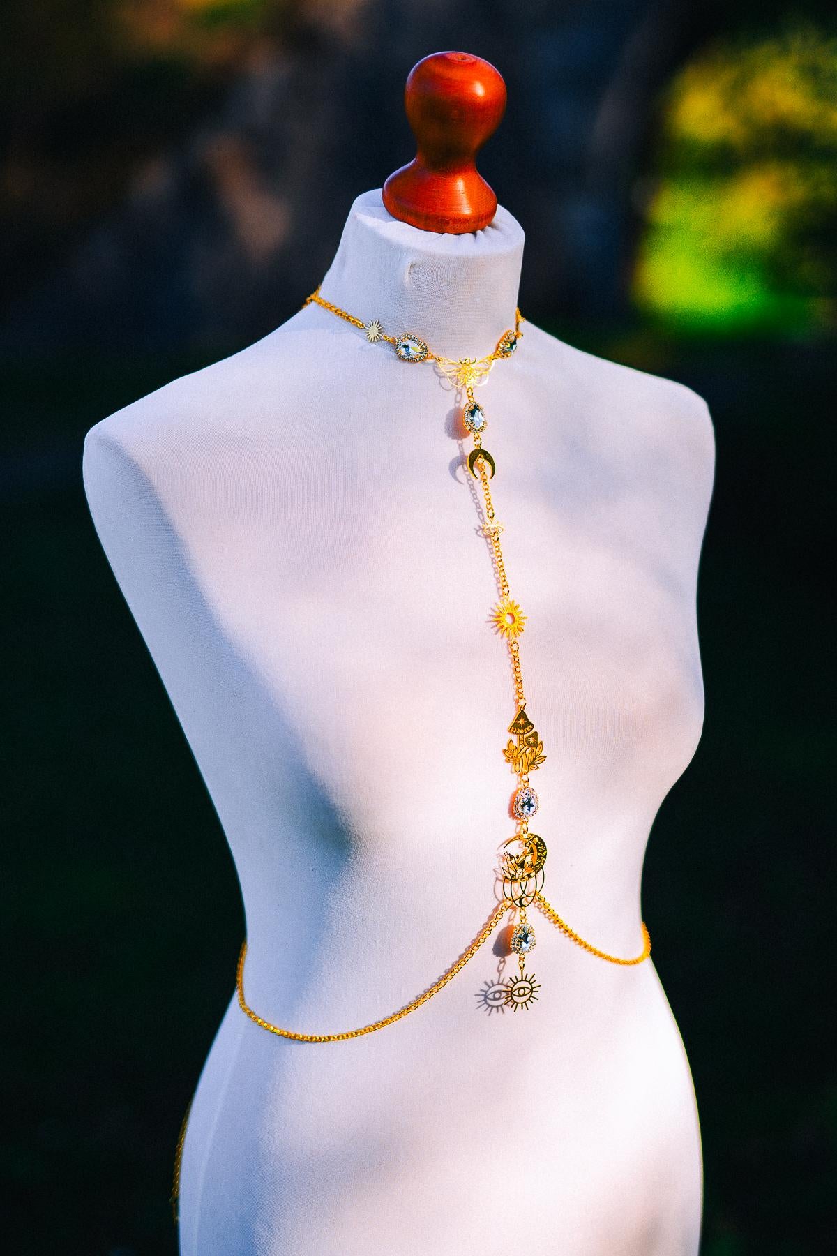 Celestial Goddess Body Chain Harness Gold Festival Jewelry Sun Moon Crystal Harness