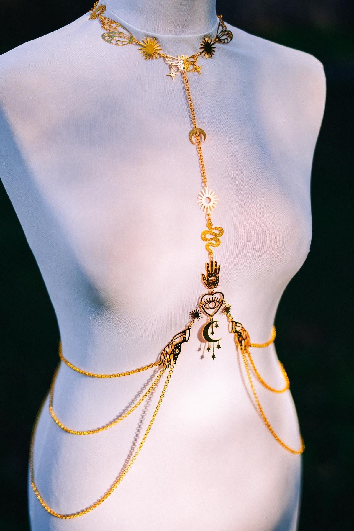 Celestial Goddess Body Harness Gold Festival Jewelry Moon Snake Mystical Body Chain