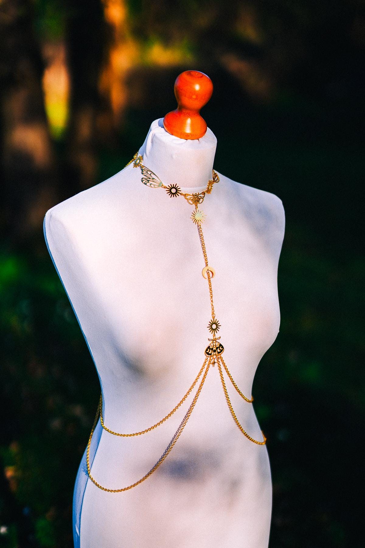 Moon Moth Goddess Body Harness Gold Celestial Festival Jewelry Witchy Body Chain