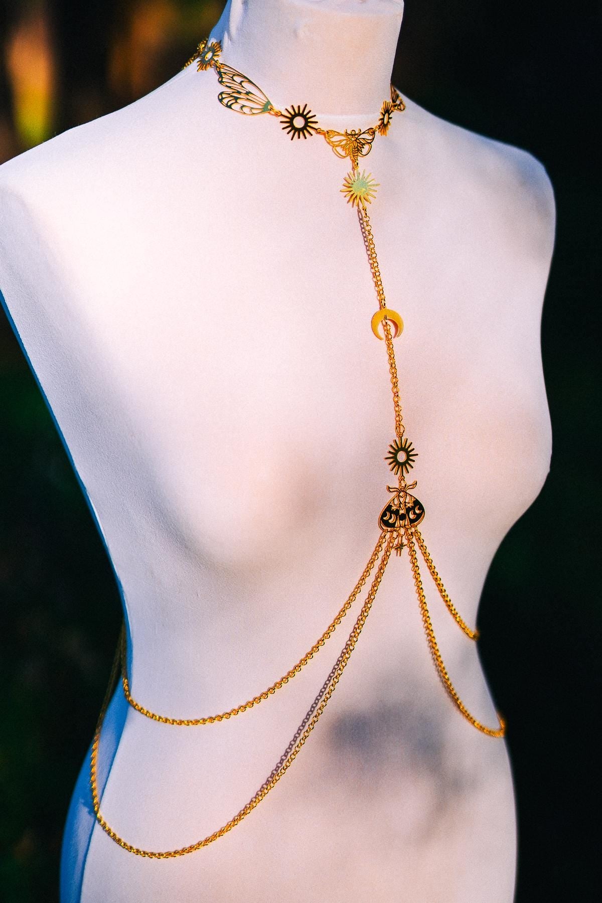 Moon Moth Goddess Body Harness Gold Celestial Festival Jewelry Witchy Body Chain