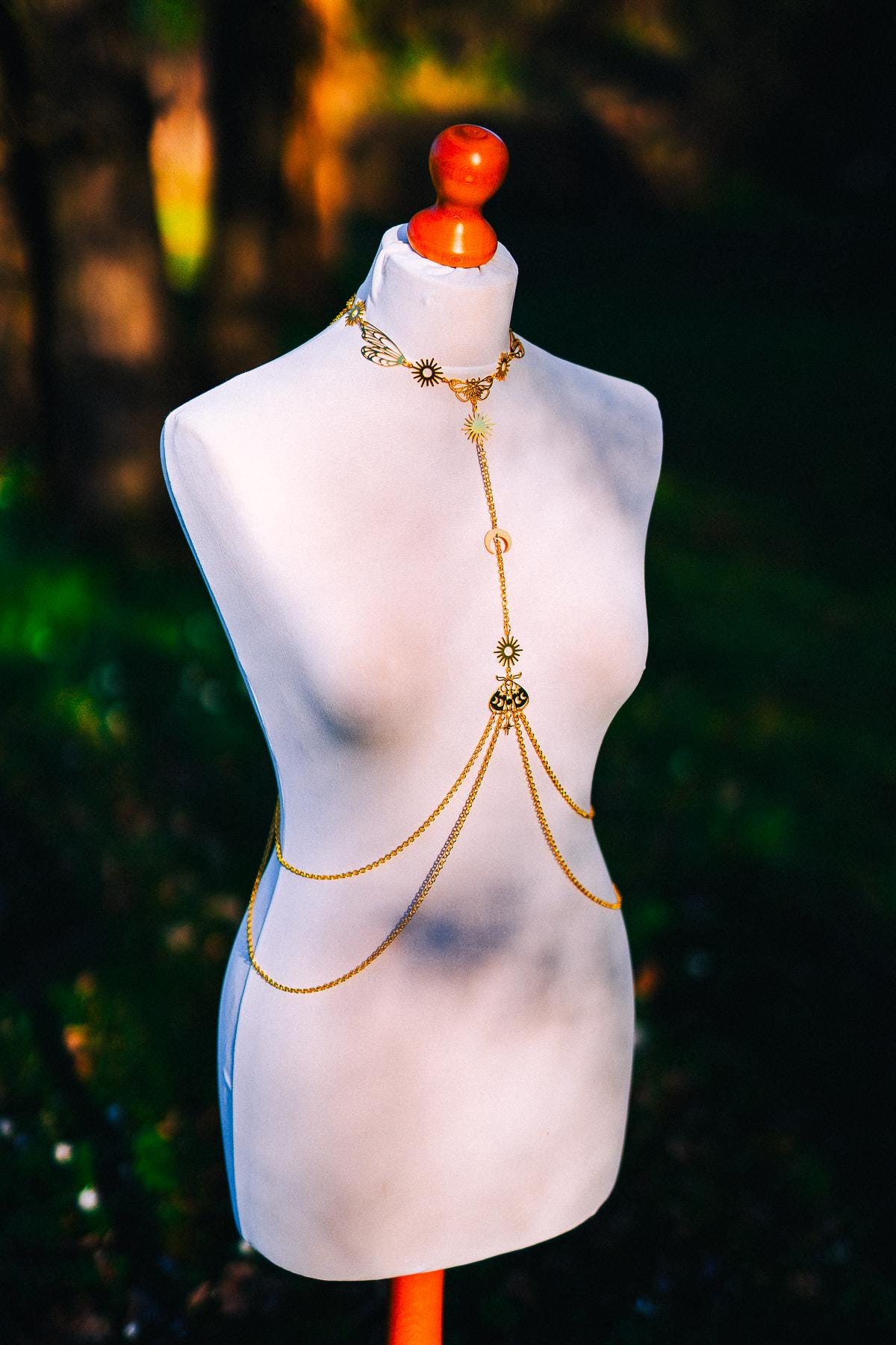 Moon Moth Goddess Body Harness Gold Celestial Festival Jewelry Witchy Body Chain