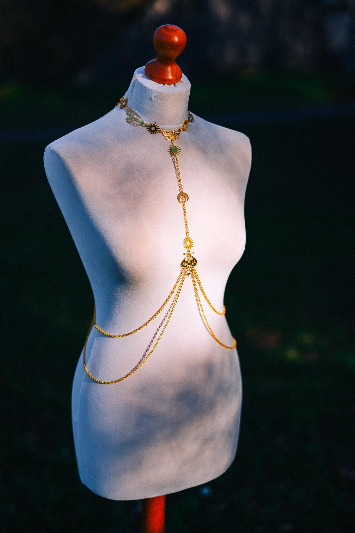 Moon Moth Goddess Body Harness Gold Celestial Festival Jewelry Witchy Body Chain