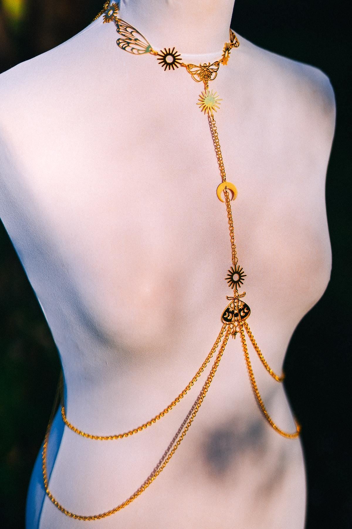 Moon Moth Goddess Body Harness Gold Celestial Festival Jewelry Witchy Body Chain