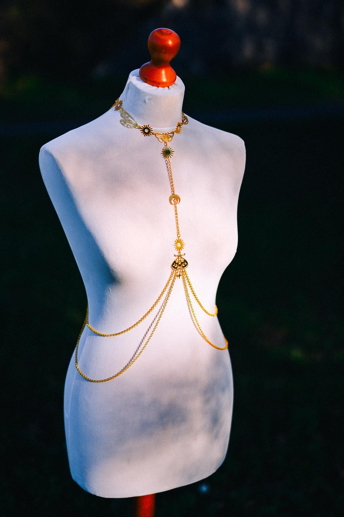 Moon Moth Goddess Body Harness Gold Celestial Festival Jewelry Witchy Body Chain