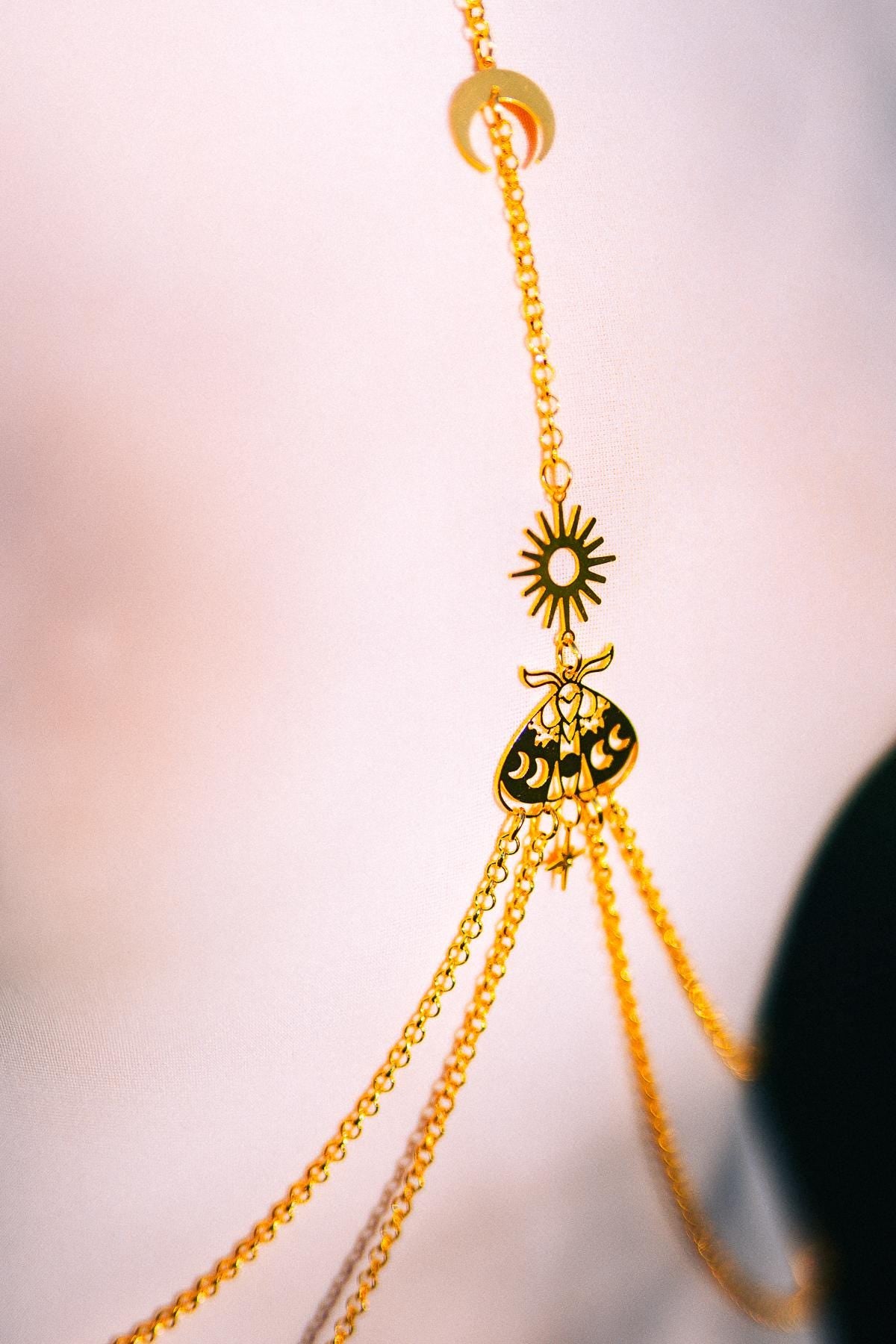 Moon Moth Goddess Body Harness Gold Celestial Festival Jewelry Witchy Body Chain