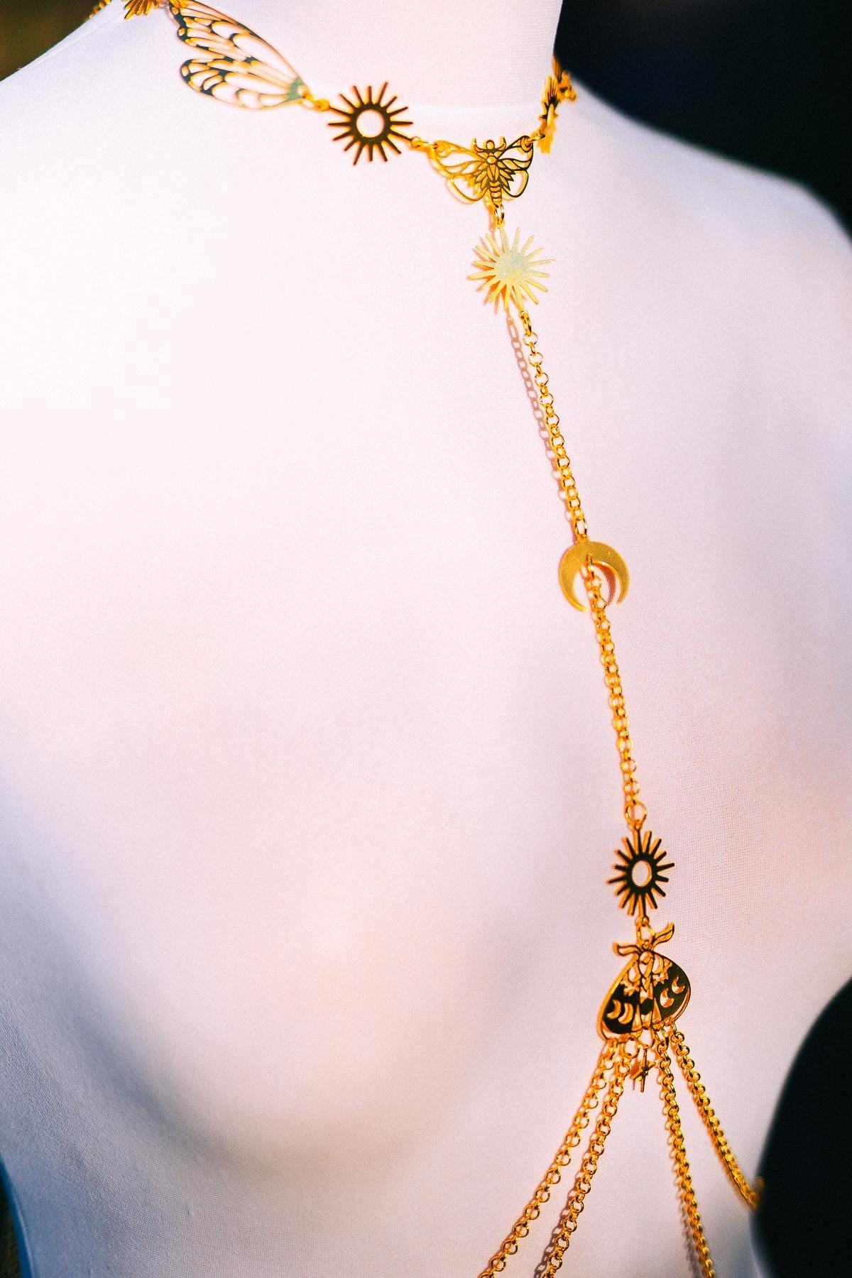 Moon Moth Goddess Body Harness Gold Celestial Festival Jewelry Witchy Body Chain