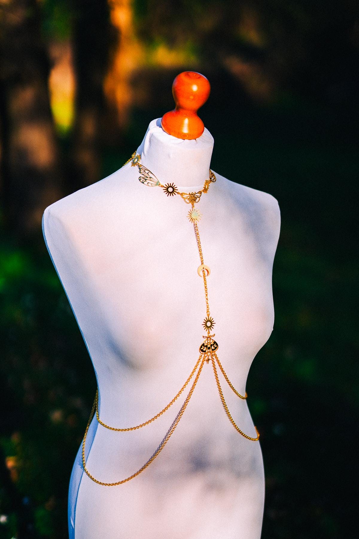 Moon Moth Goddess Body Harness Gold Celestial Festival Jewelry Witchy Body Chain