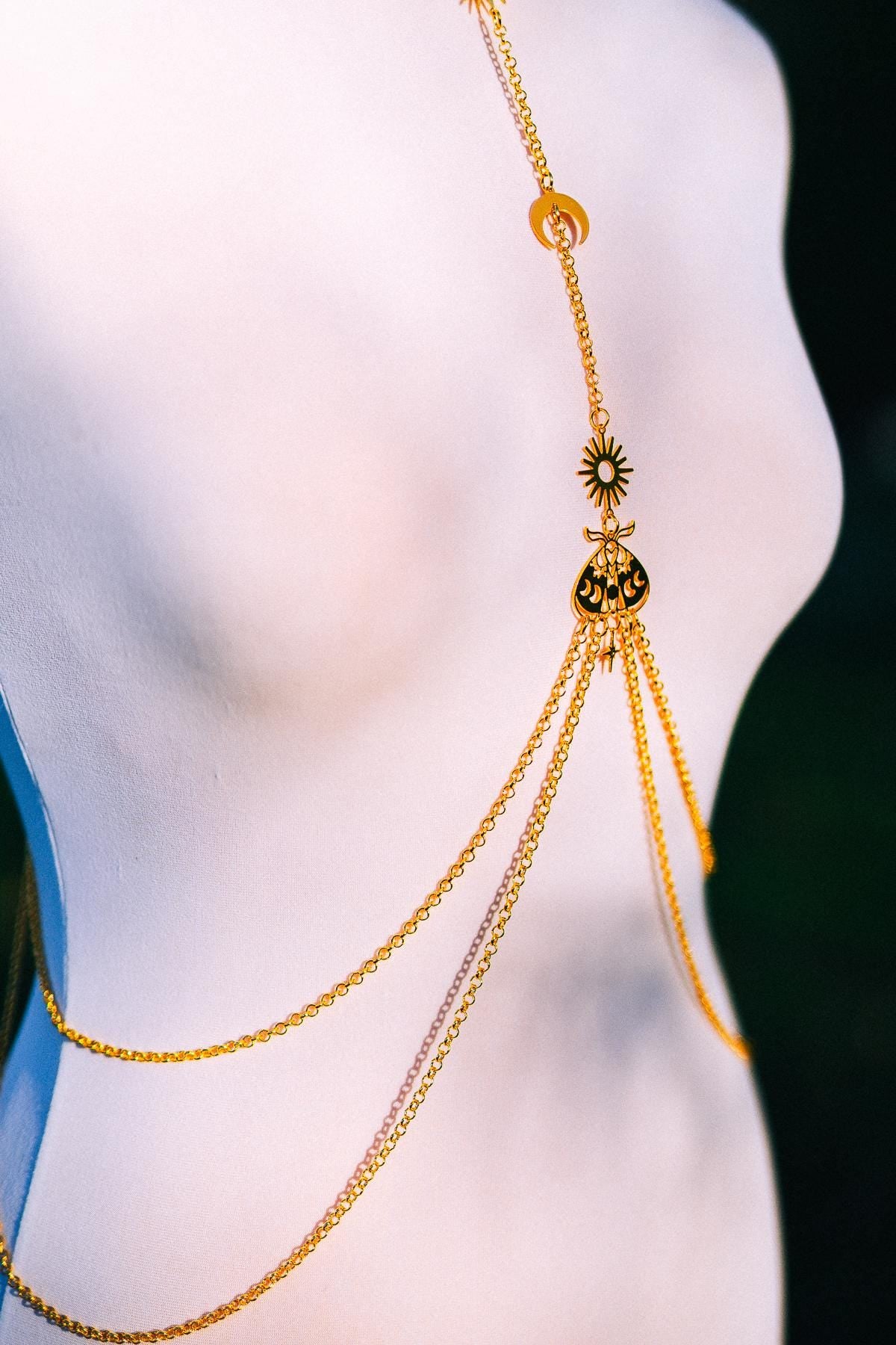 Moon Moth Goddess Body Harness Gold Celestial Festival Jewelry Witchy Body Chain