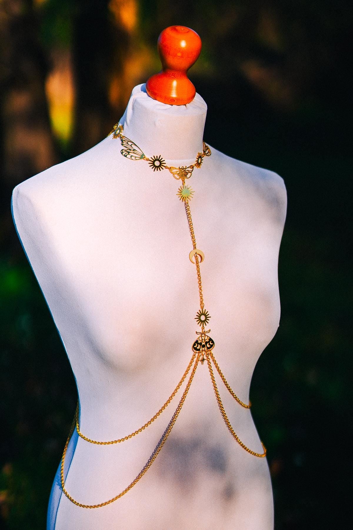 Moon Moth Goddess Body Harness Gold Celestial Festival Jewelry Witchy Body Chain