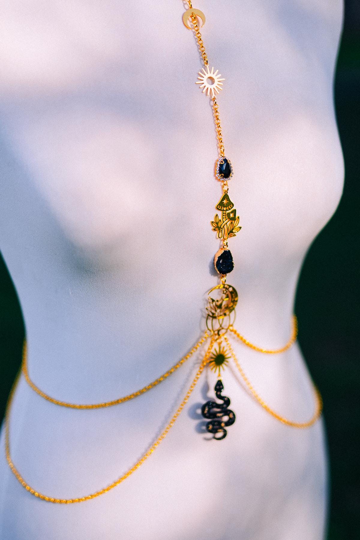 Midnight Moon Goddess Body Harness Gold Celestial Festival Jewelry Witchy Body Chain