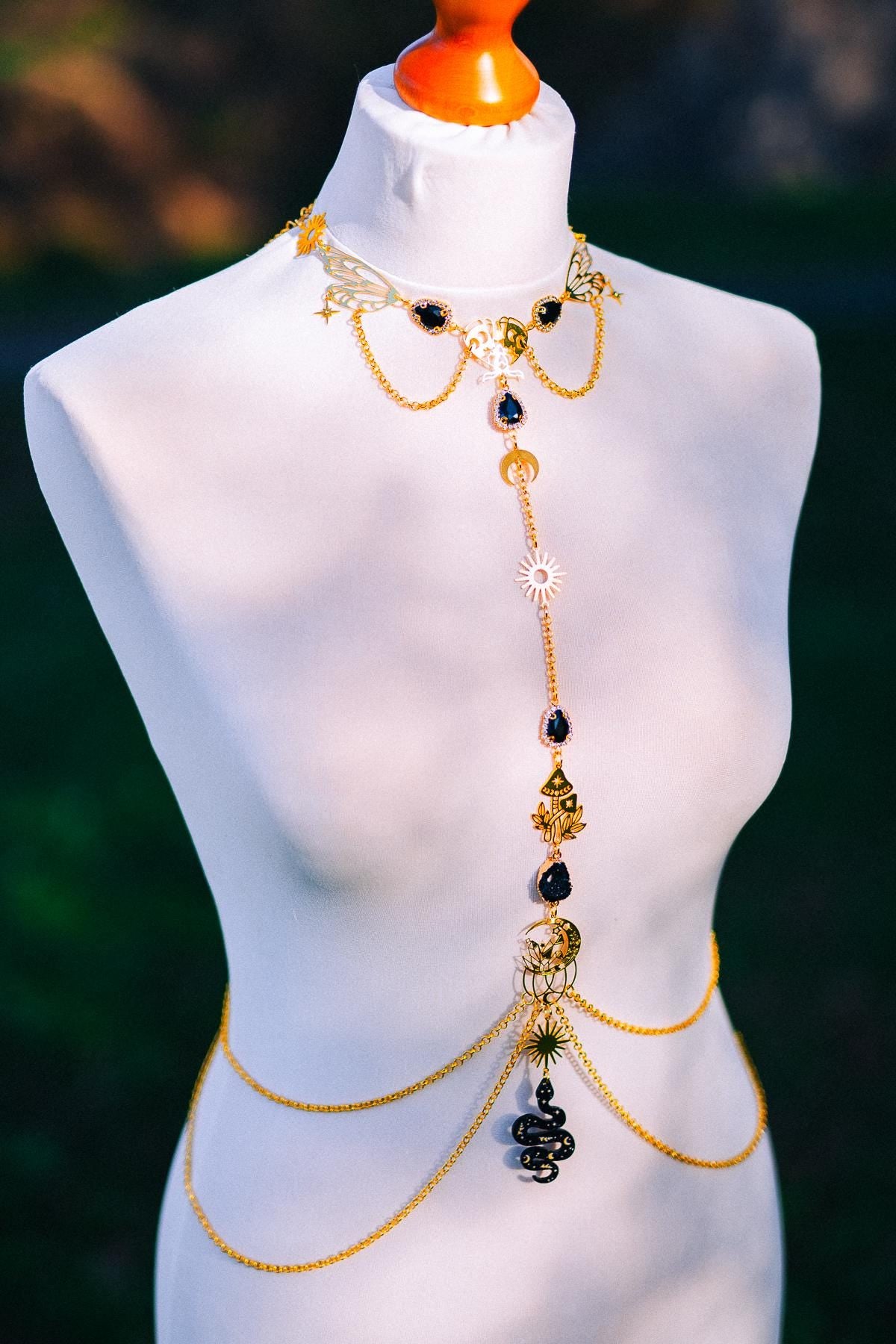 Midnight Moon Goddess Body Harness Gold Celestial Festival Jewelry Witchy Body Chain