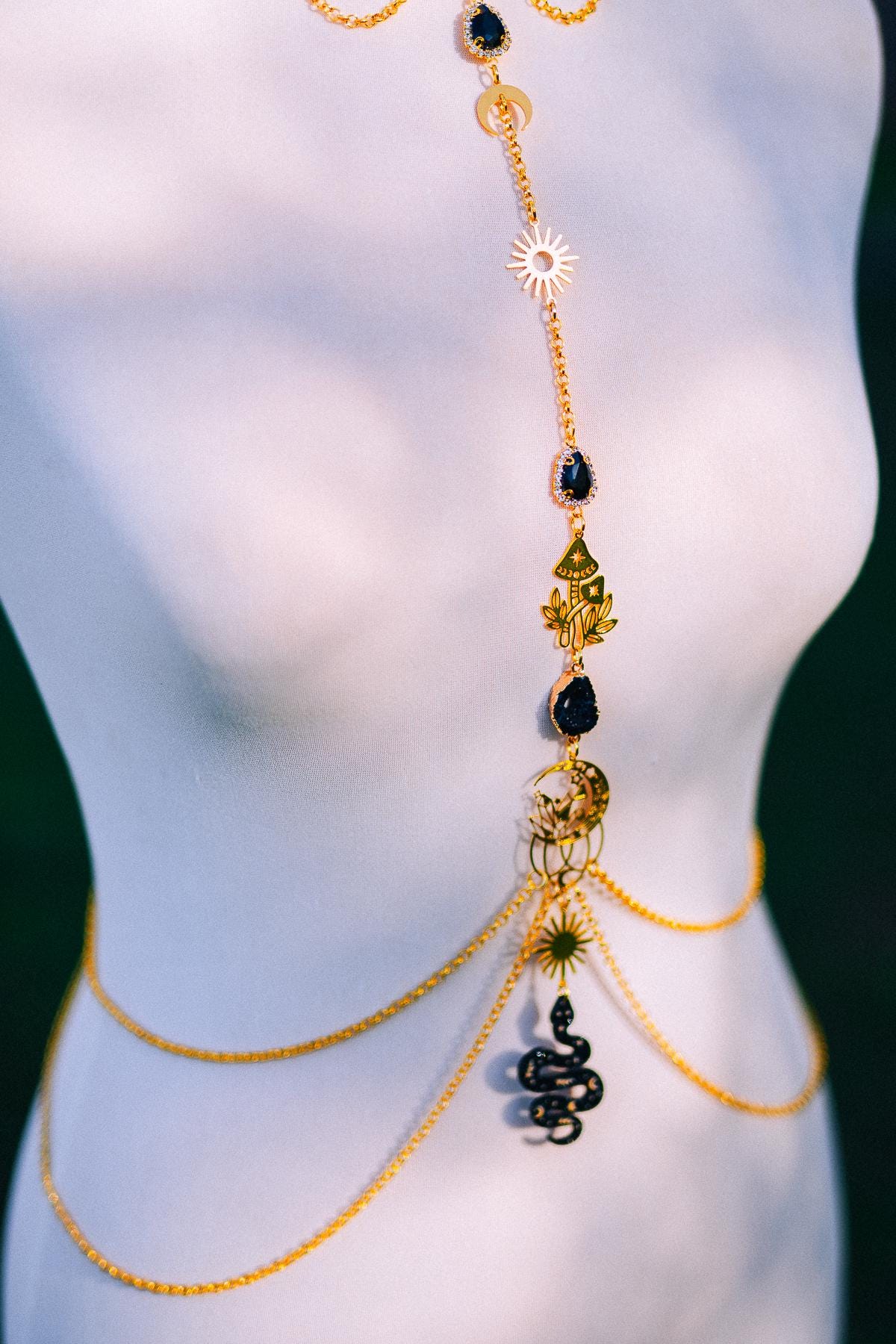 Midnight Moon Goddess Body Harness Gold Celestial Festival Jewelry Witchy Body Chain