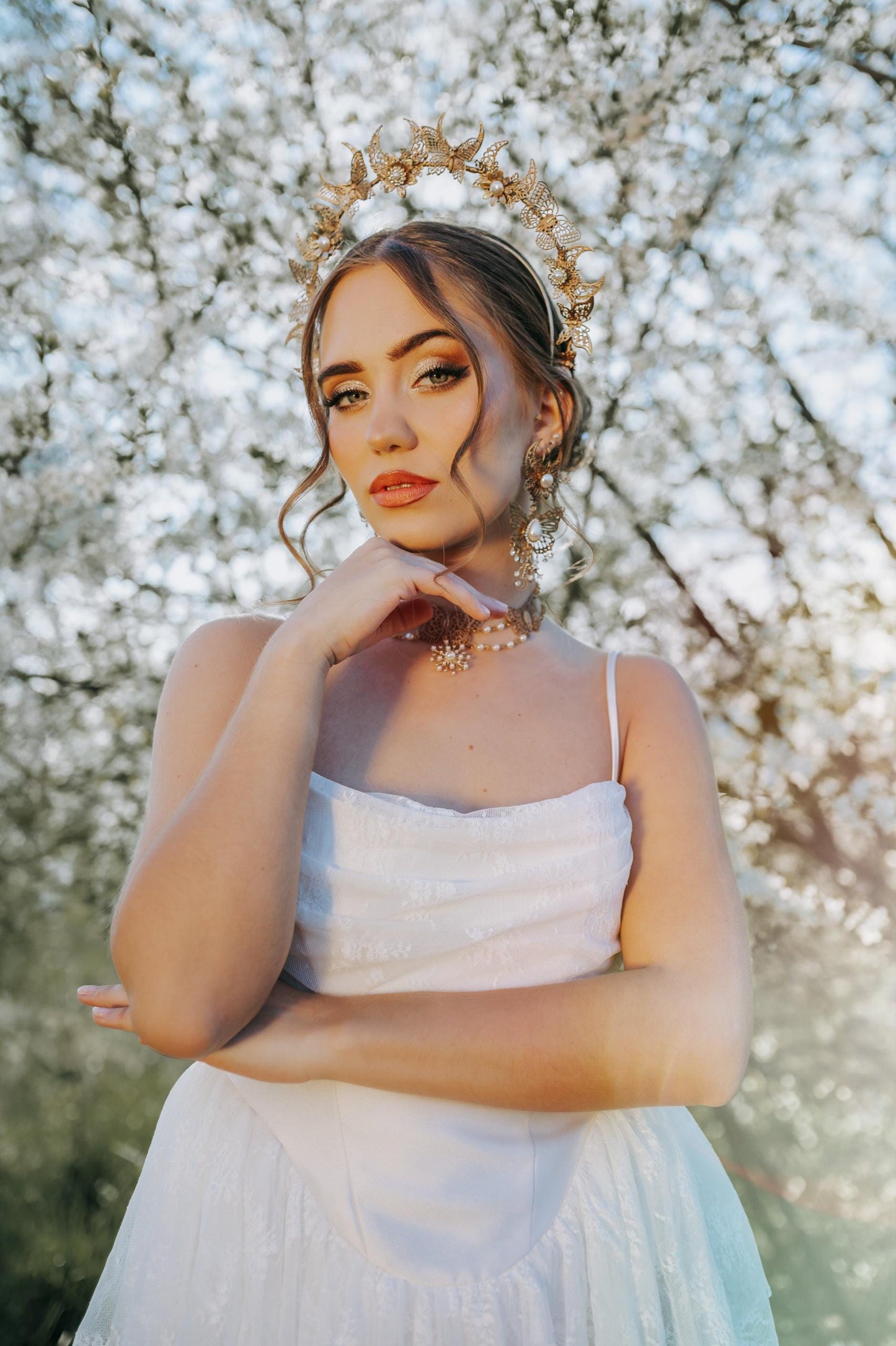 Bridal Halo Crown Gold Pearl Wedding Headpiece