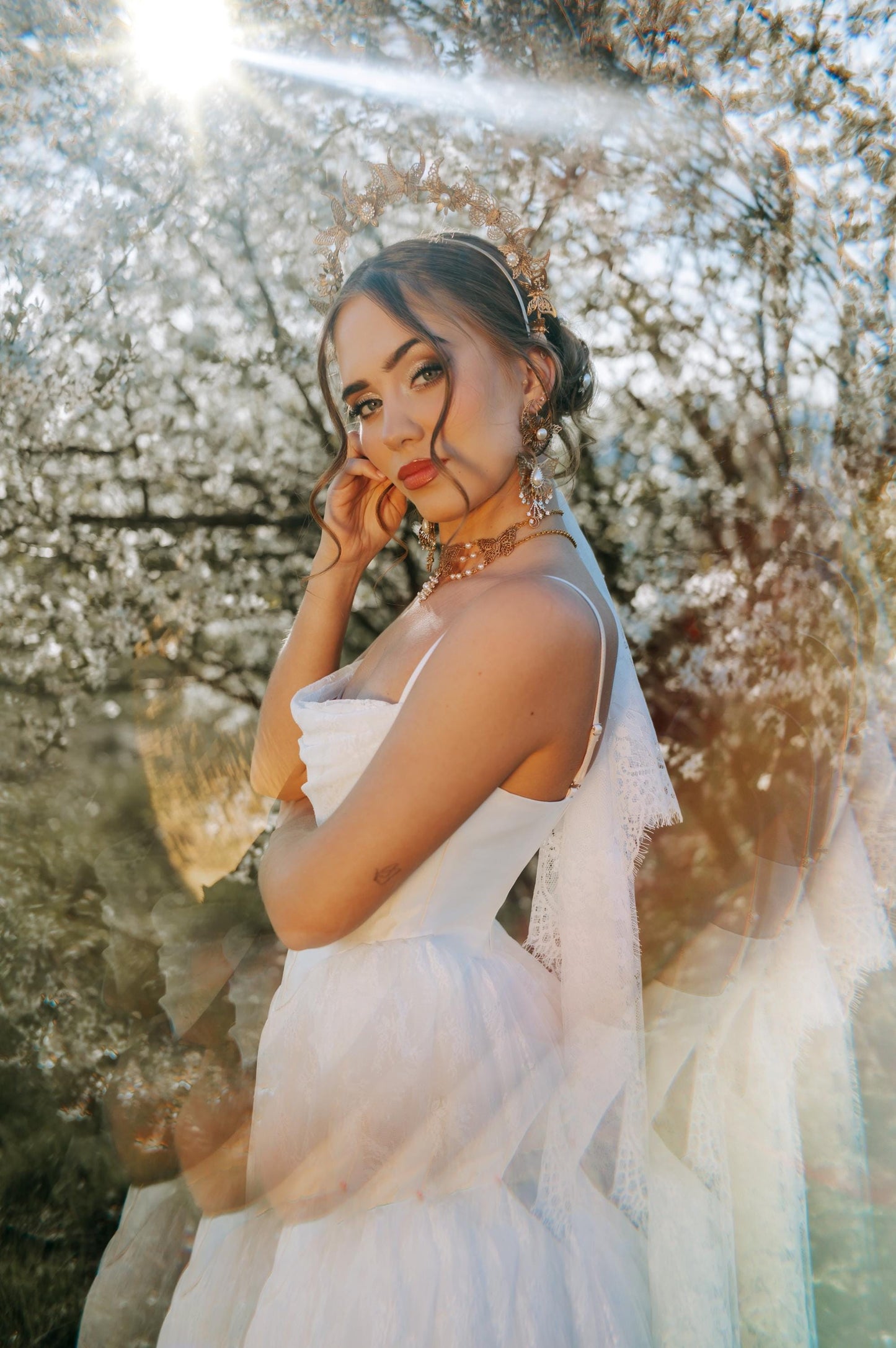 Bridal Halo Crown Gold Pearl Wedding Headpiece