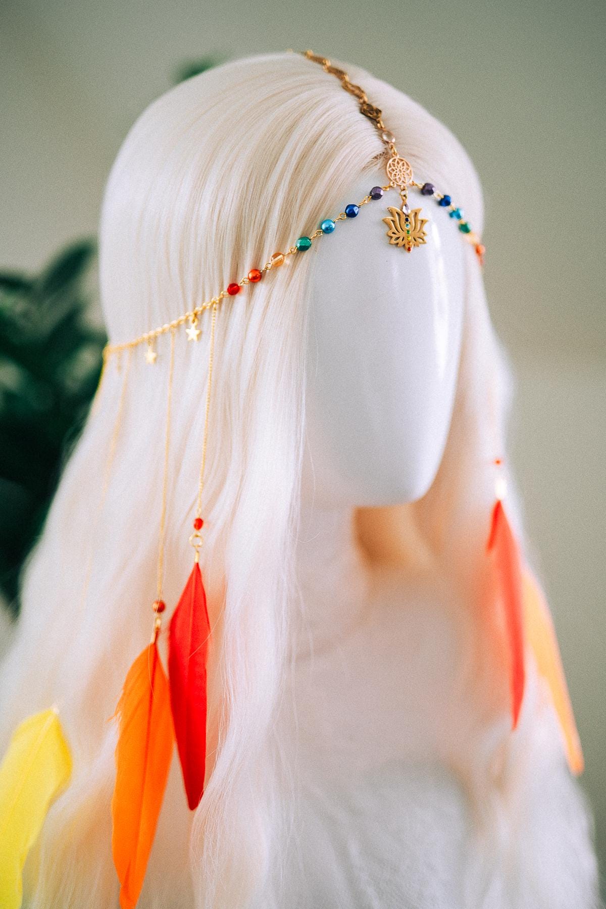 Rainbow Chakra Feather Headpiece Celestial Festival Crown