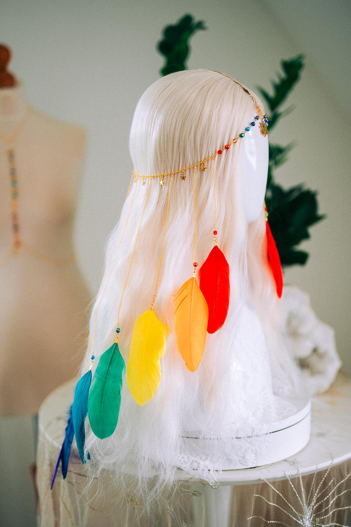Rainbow Chakra Feather Headpiece Celestial Festival Crown