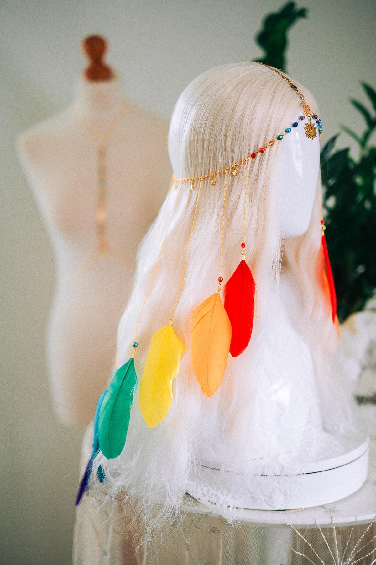 Rainbow Chakra Feather Headpiece Celestial Festival Crown