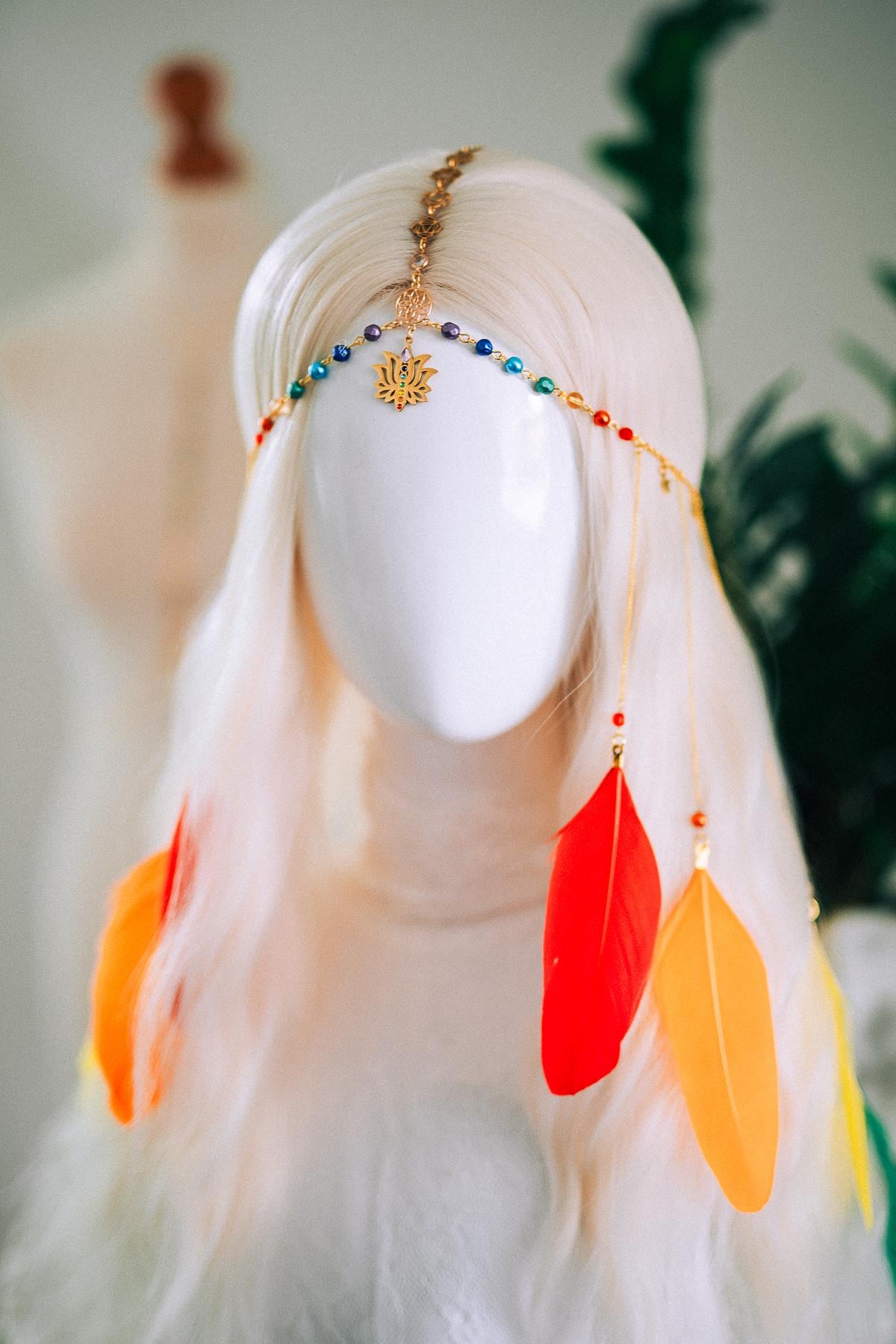 Rainbow Chakra Feather Headpiece Celestial Festival Crown