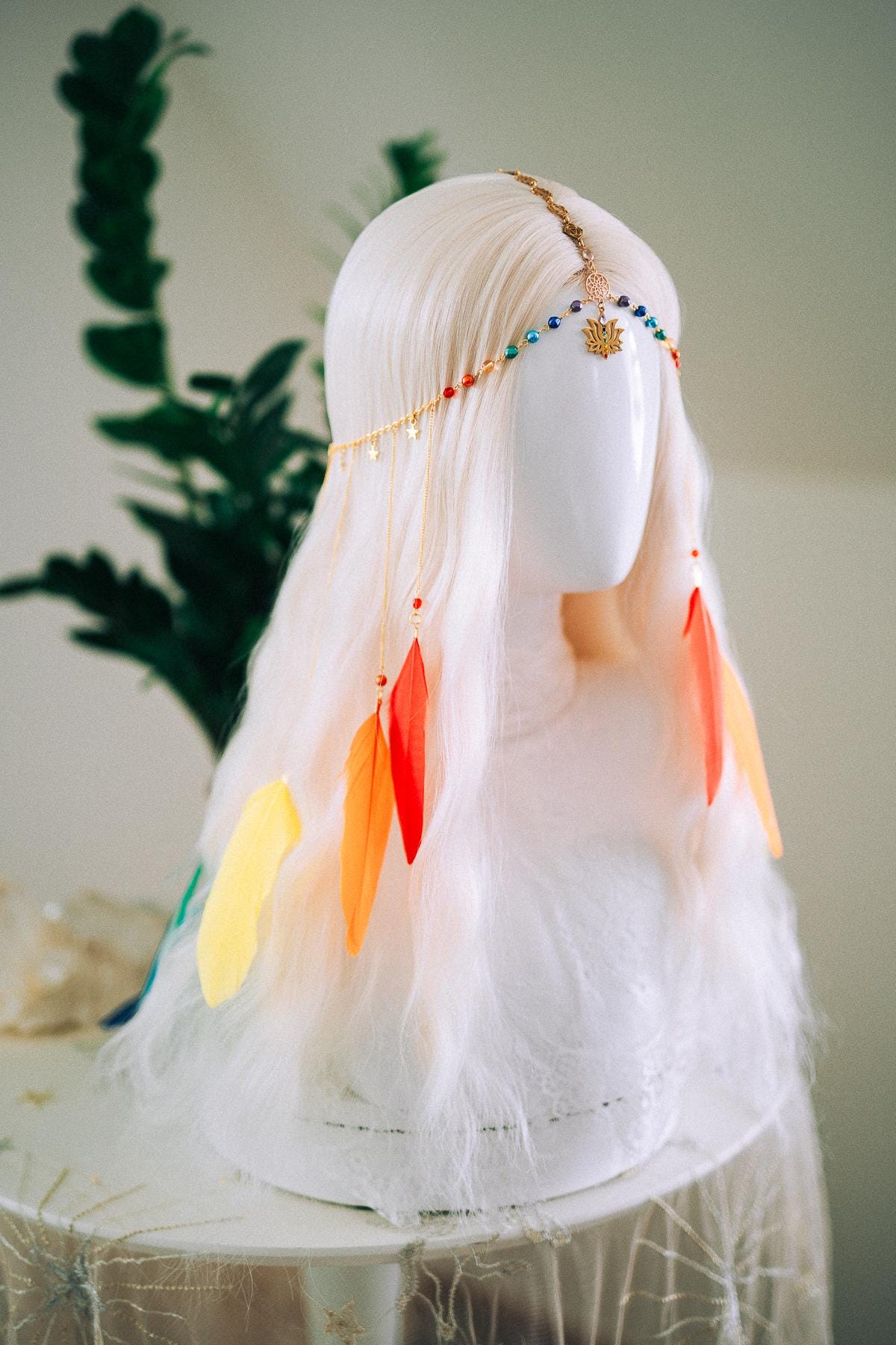 Rainbow Chakra Feather Headpiece Celestial Festival Crown