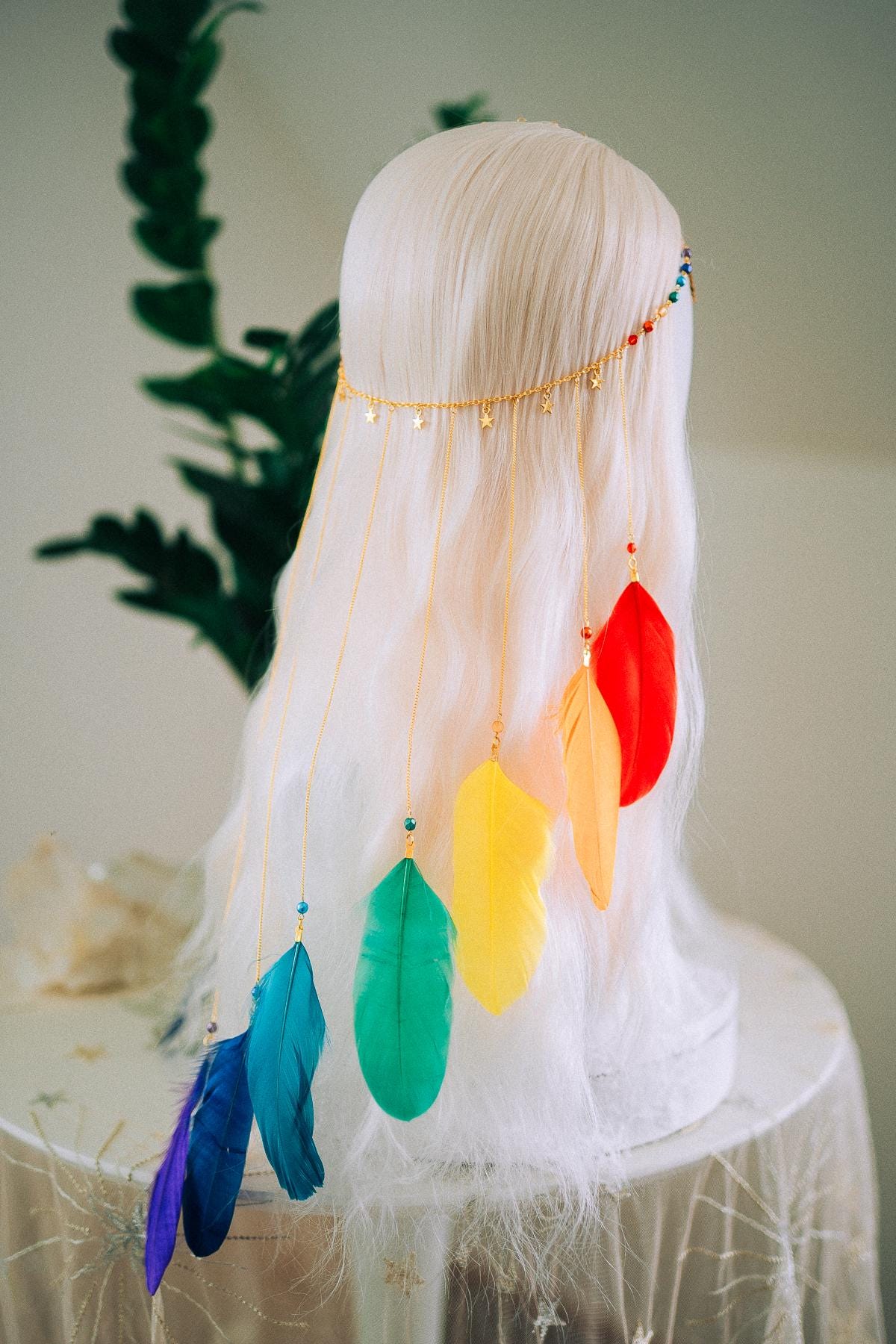 Rainbow Chakra Feather Headpiece Celestial Festival Crown