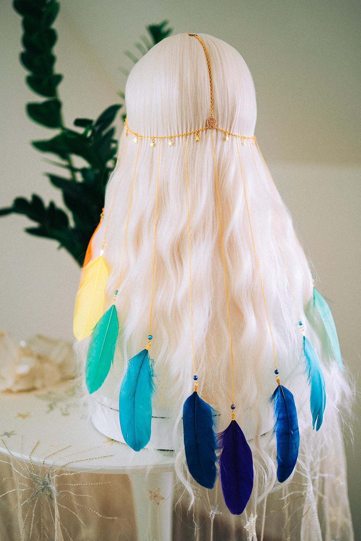 Rainbow Chakra Feather Headpiece Celestial Festival Crown