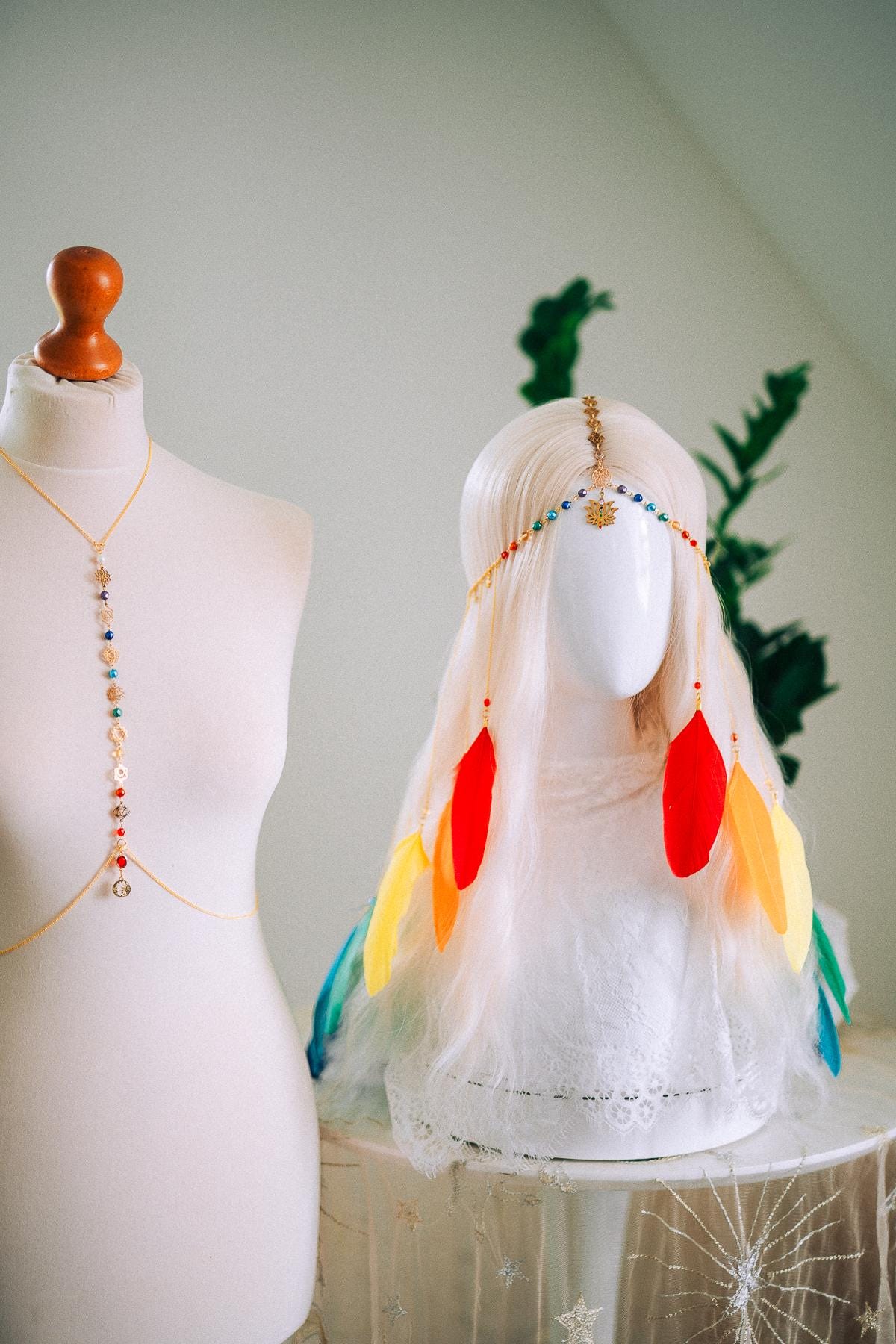 Rainbow Chakra Feather Headpiece Celestial Festival Crown