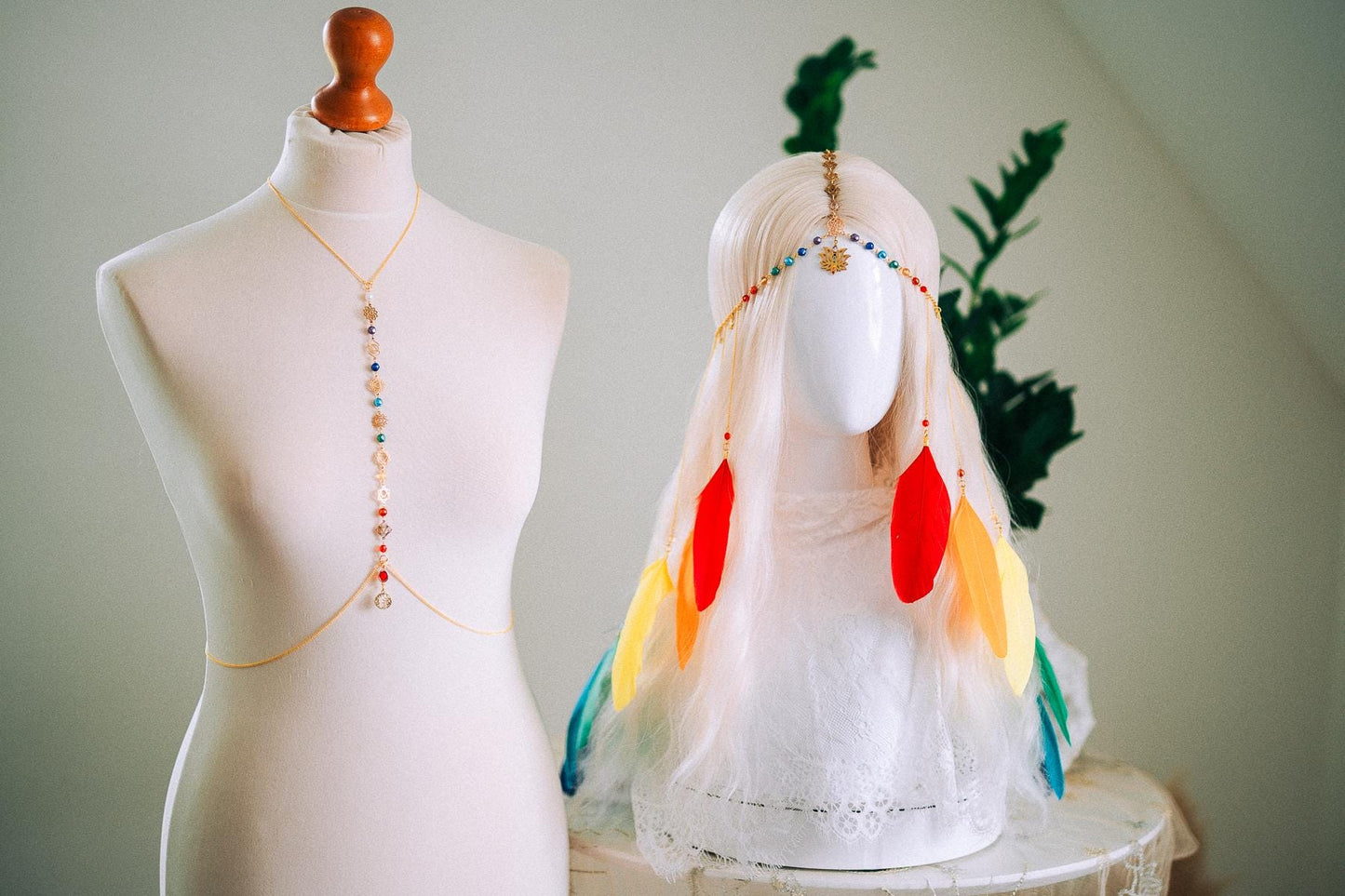 Rainbow Chakra Feather Headpiece Celestial Festival Crown