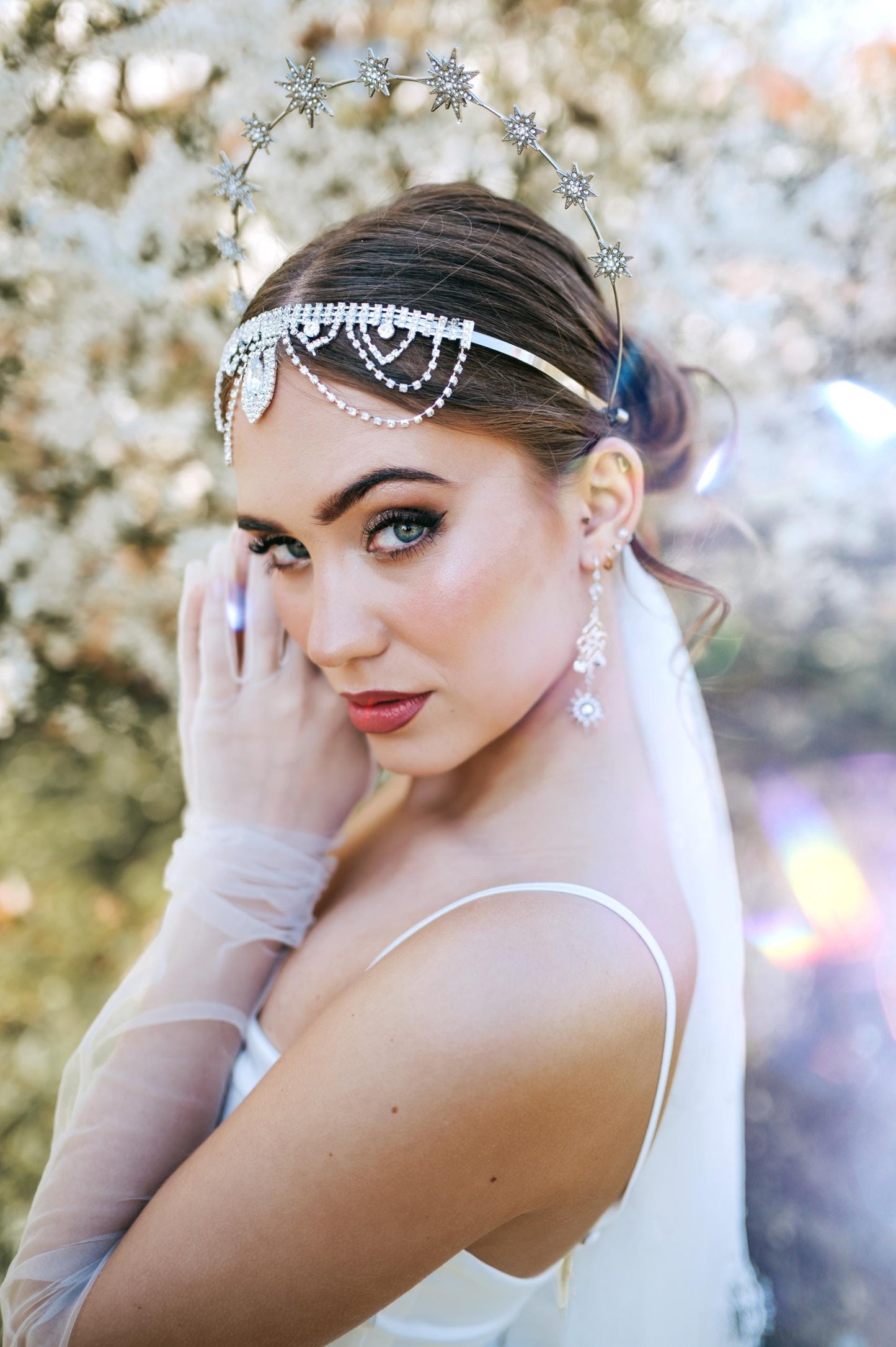 Silver Celestial Halo Crown Star Bridal Headpiece Crystal Wedding Crown