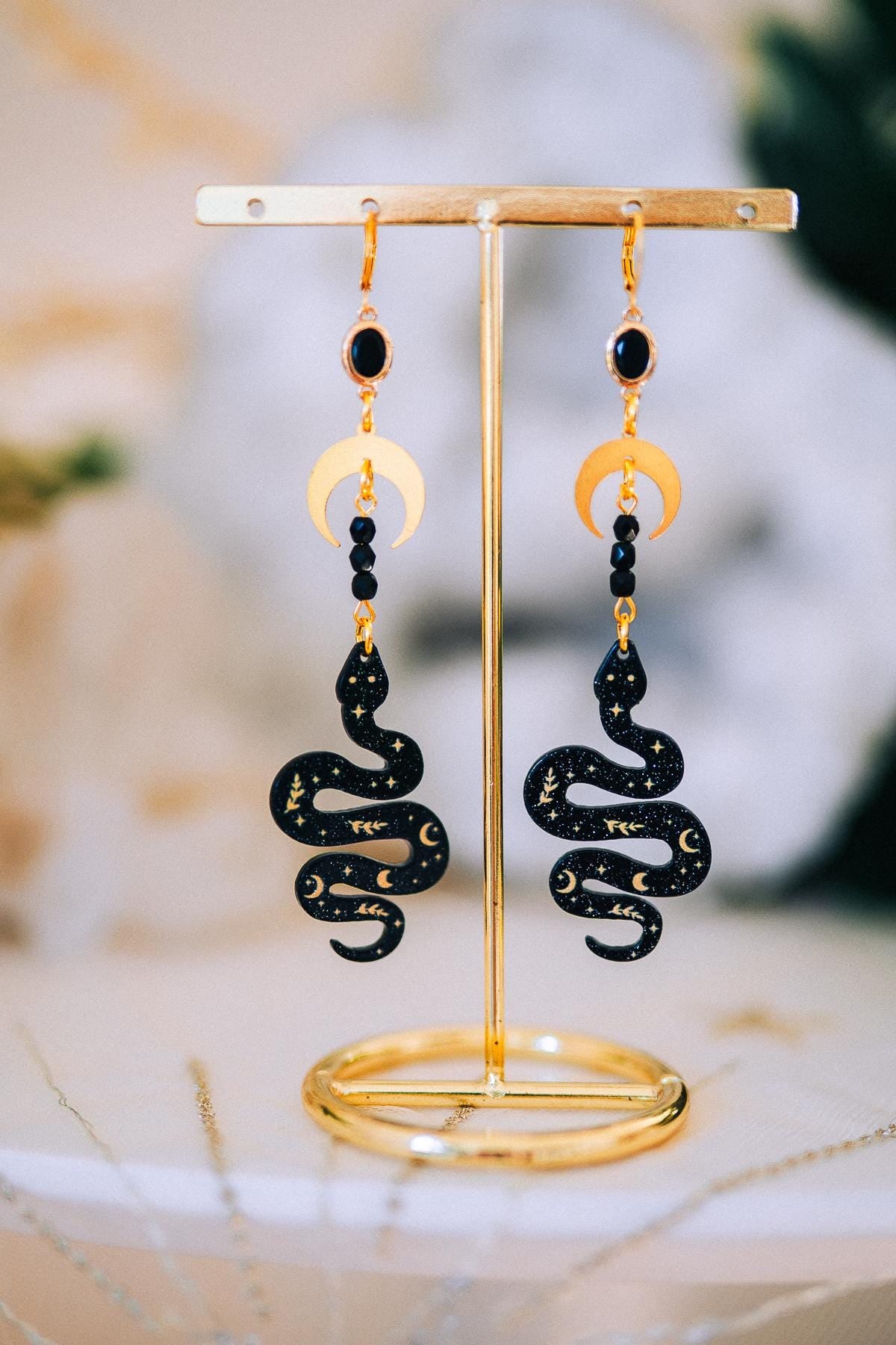 Celestial Snake Earrings Gold Moon Star Jewelry Statement Bridal Accessory
