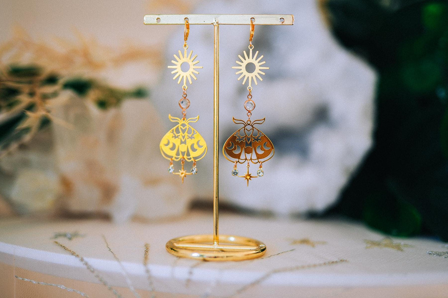Celestial Moth Earrings Gold Sun Moon Jewelry Goddess Earrings Bridal Statement Jewelry
