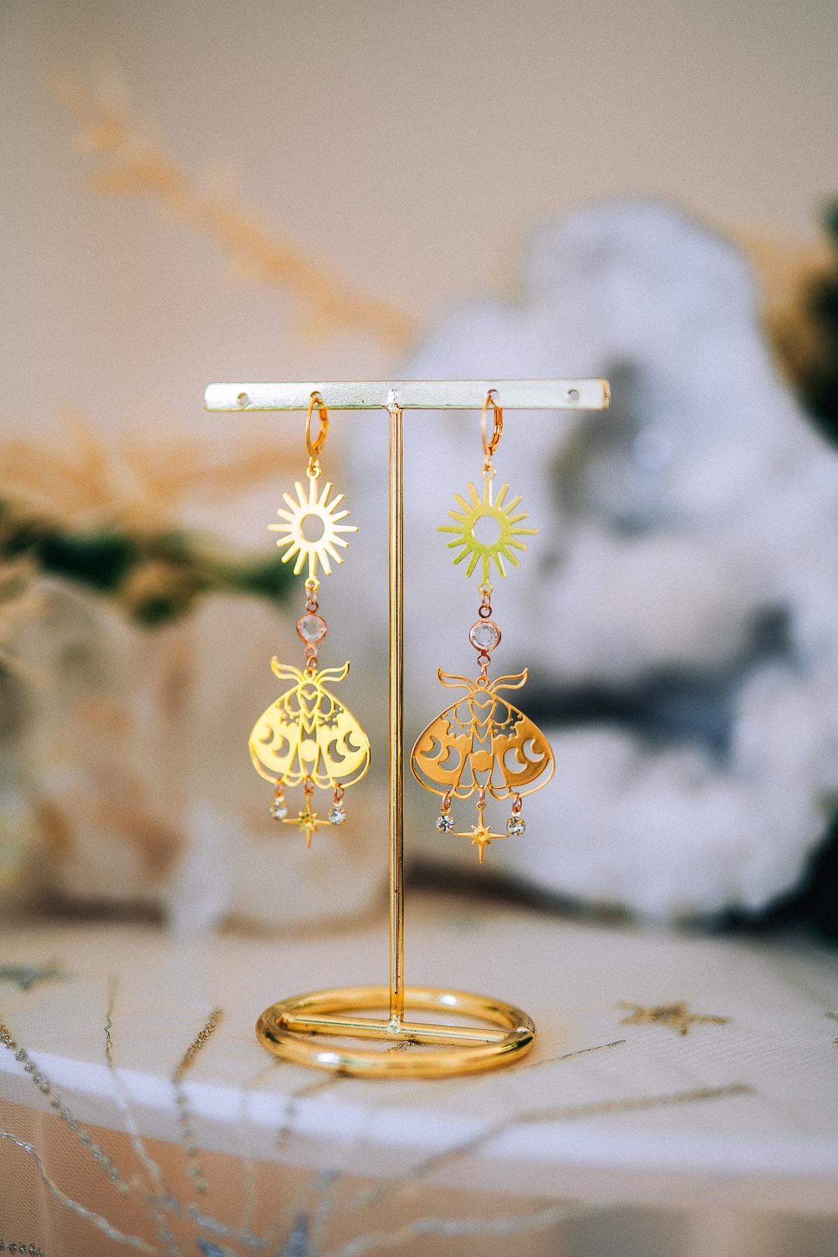 Celestial Moth Earrings Gold Sun Moon Jewelry Goddess Earrings Bridal Statement Jewelry
