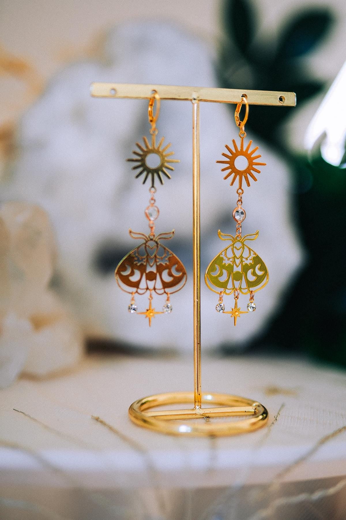 Celestial Moth Earrings Gold Sun Moon Jewelry Goddess Earrings Bridal Statement Jewelry